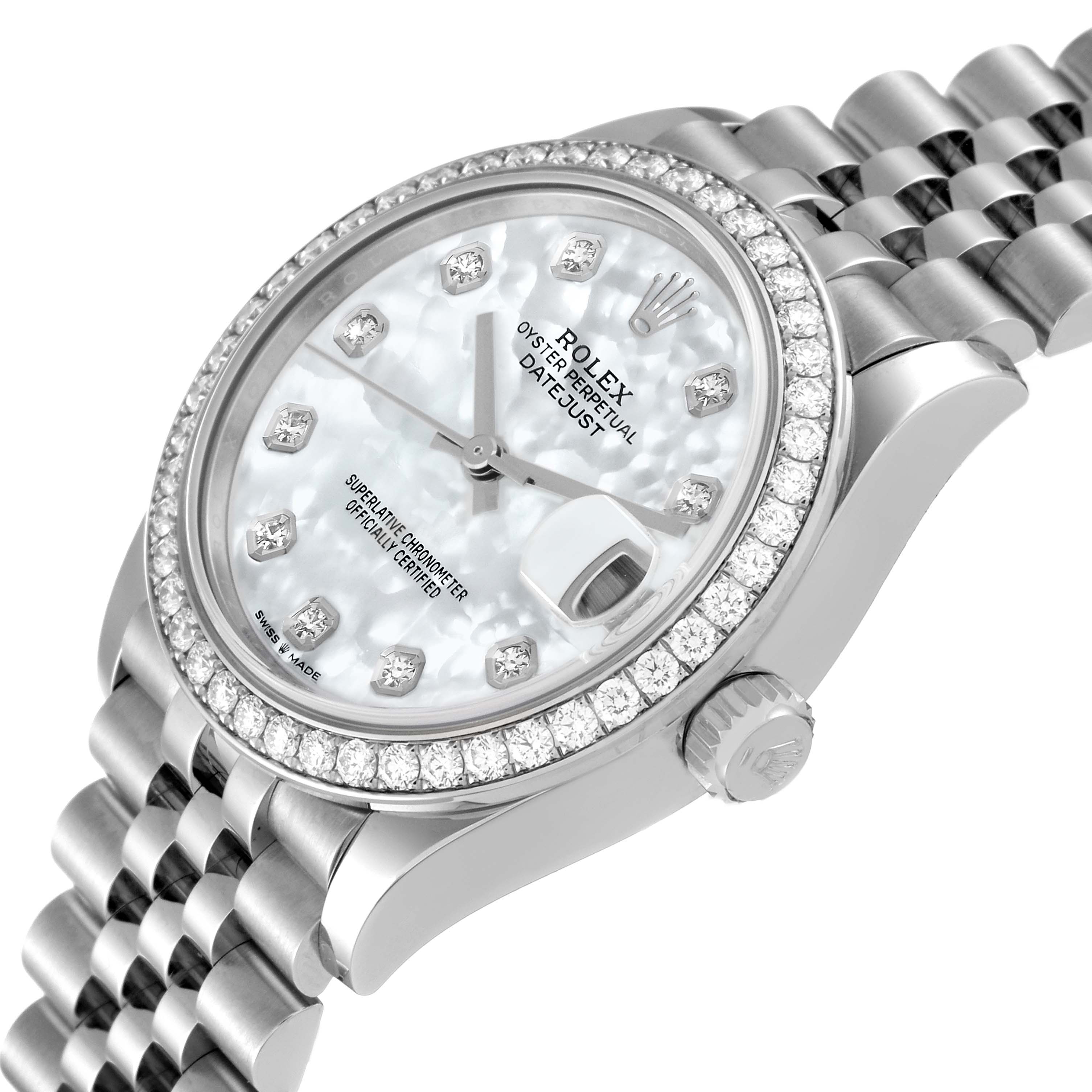 This angled close-up highlights the face, bezel, and bracelet of a Rolex Oyster Perpetual Datejust Mid-Size watch.