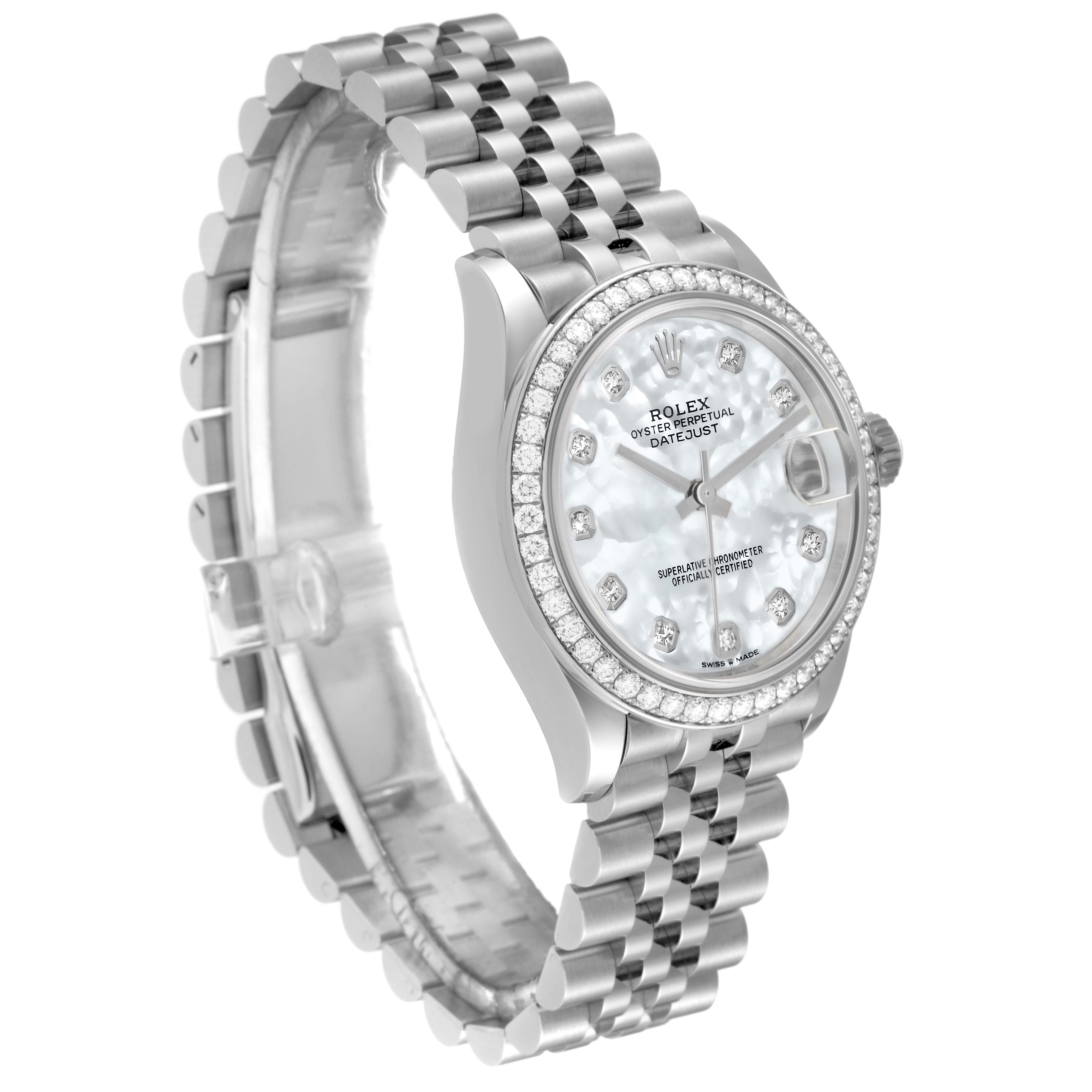 The image shows a Rolex Mid-Size 278384 Women
s Stainless Steel Mother of Pearl Dial 278384 Women
s Stainless Steel Mother of Pearl Dial Datejust watch at a three-quarter angle, highlighting the face, bezel, and bracelet.