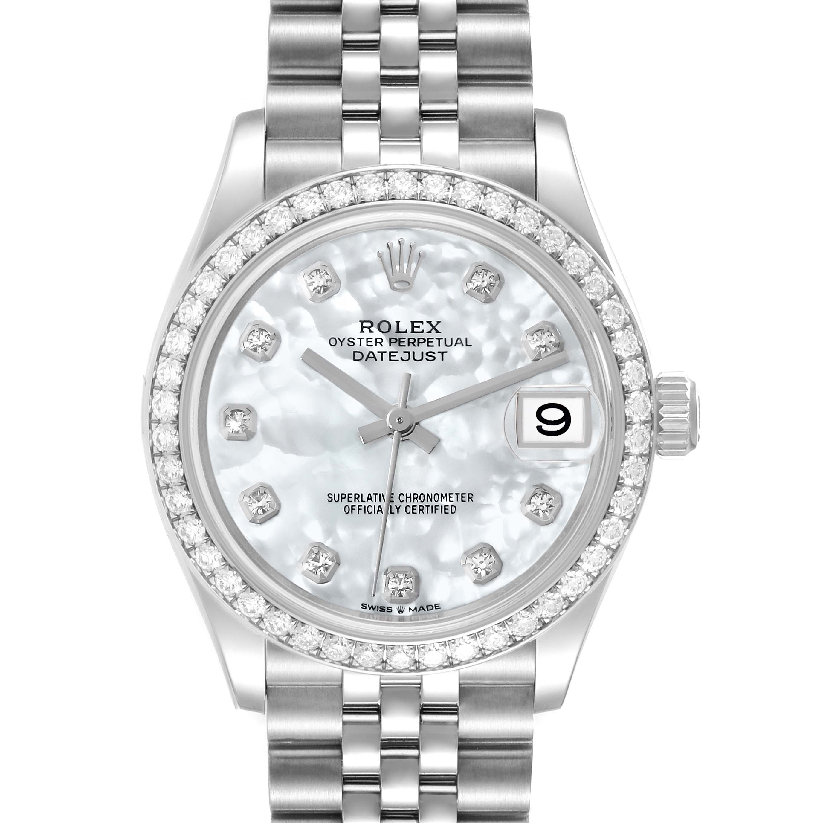 The image shows a front view of the Rolex Oyster Perpetual Datejust Mid-Size model, displaying its bracelet, dial, and bezel.