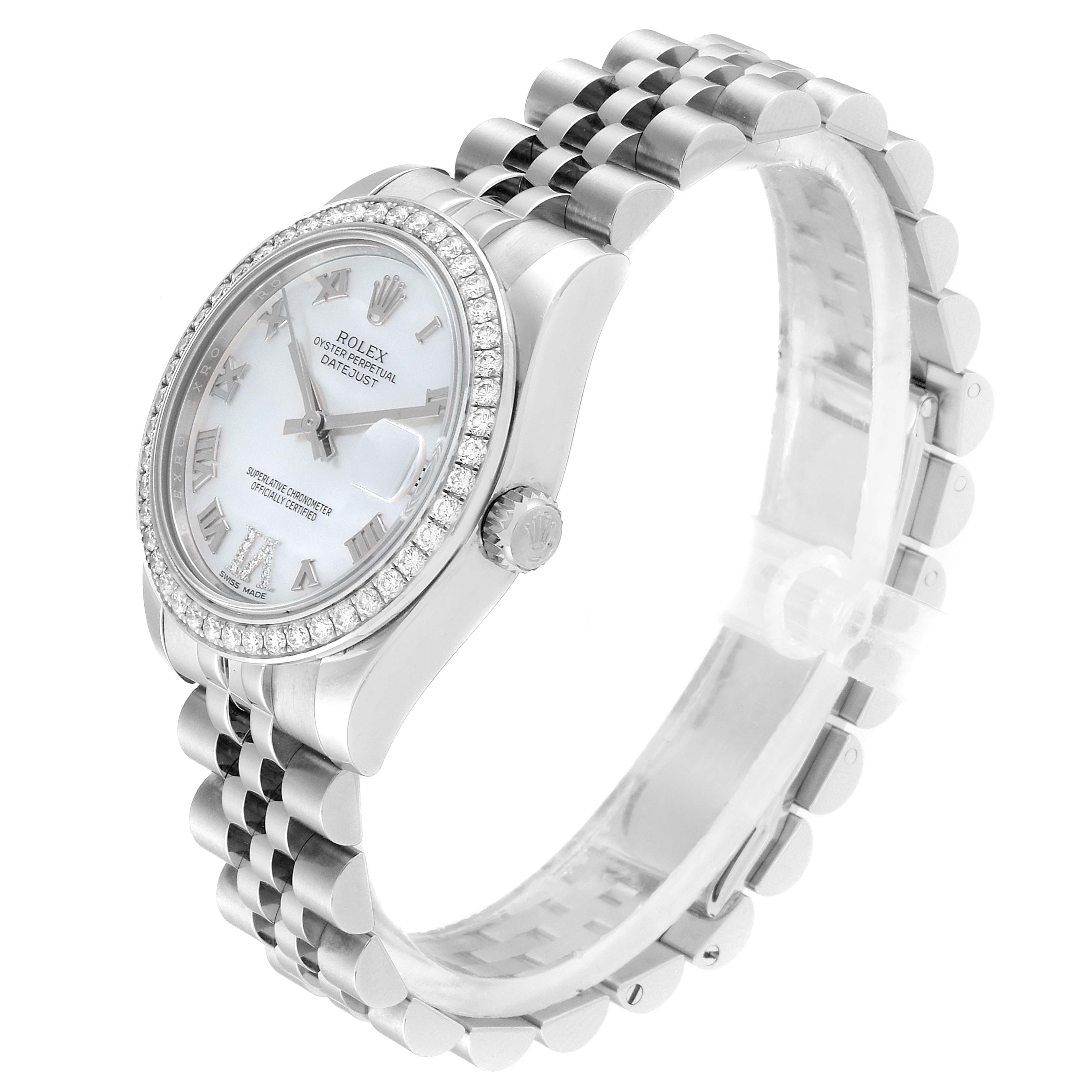 This Rolex Mid-Size 178384 Women
s Stainless Steel Mother of Pearl Dial 178384 Women
s Stainless Steel Mother of Pearl Dial model is shown from a front-side angle, displaying the dial, bezel, case, crown, and bracelet.