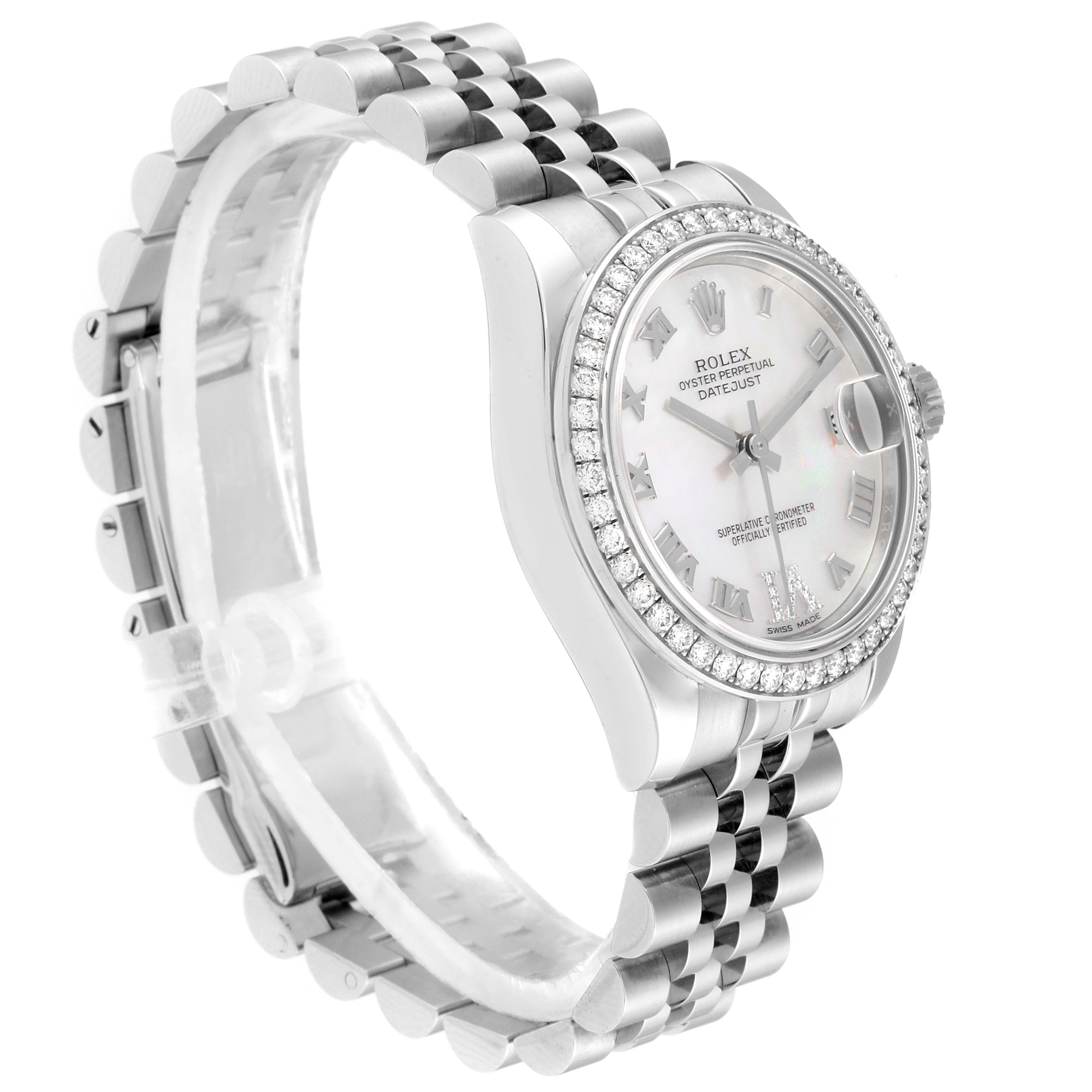 The image shows a Rolex Mid-Size 178384 Women
s Stainless Steel Mother of Pearl Dial 178384 Women
s Stainless Steel Mother of Pearl Dial Datejust watch angled to highlight the face, bezel, and part of the bracelet.