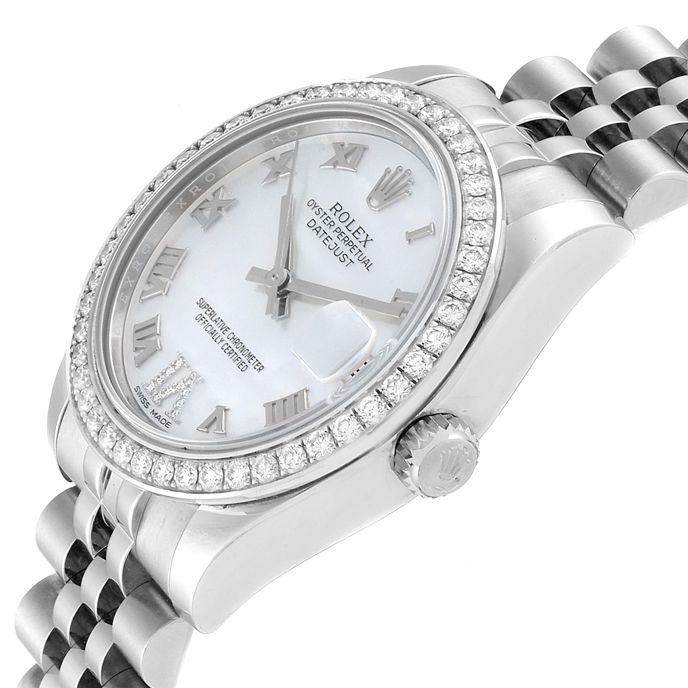 The Rolex Mid-Size 178384 Women
s Stainless Steel Mother of Pearl Dial 178384 Women
s Stainless Steel Mother of Pearl Dial Datejust watch is shown at an oblique angle, highlighting the dial, bezel, crown, and bracelet.