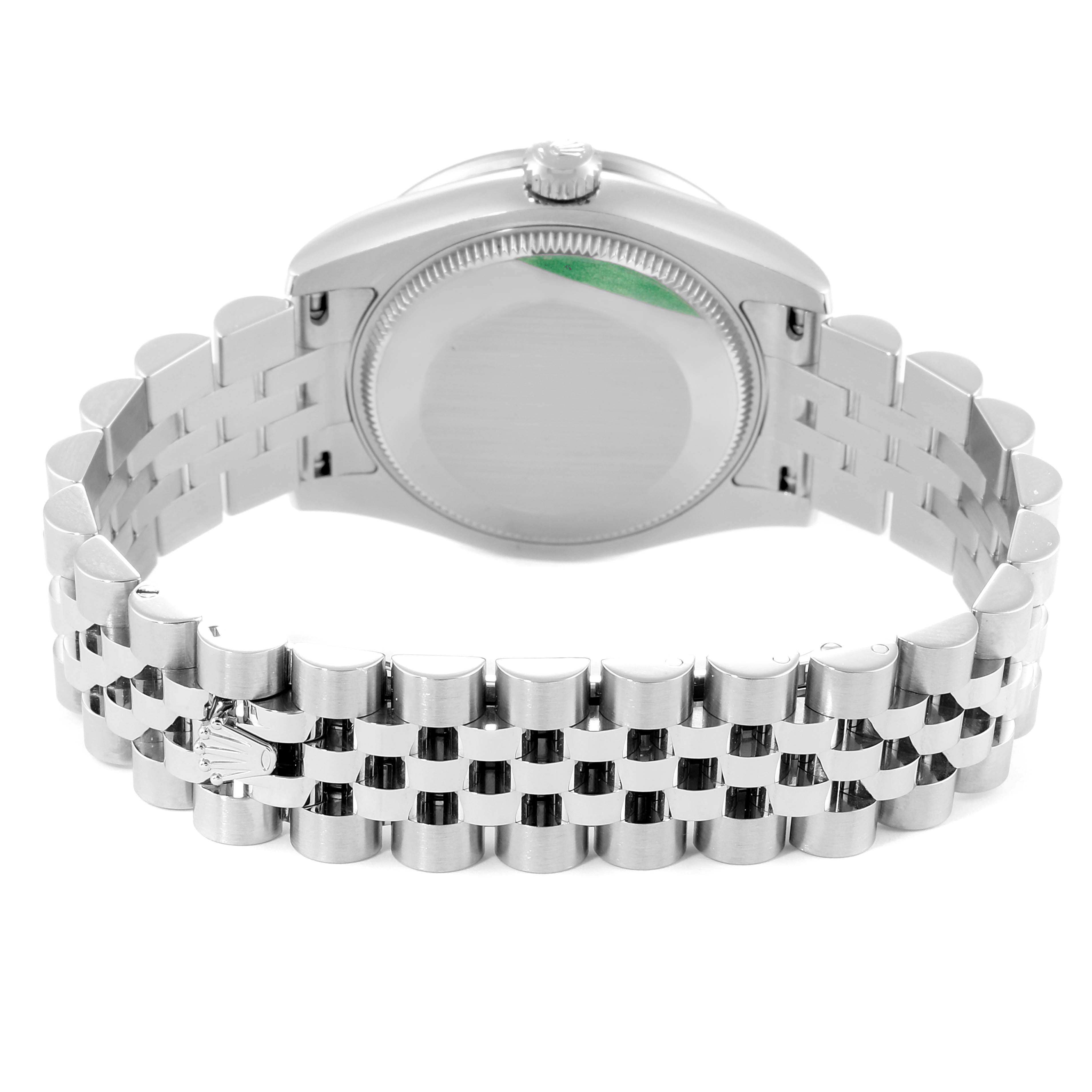 The image shows the back view of a Mid-Size Rolex watch with the case back and bracelet visible.