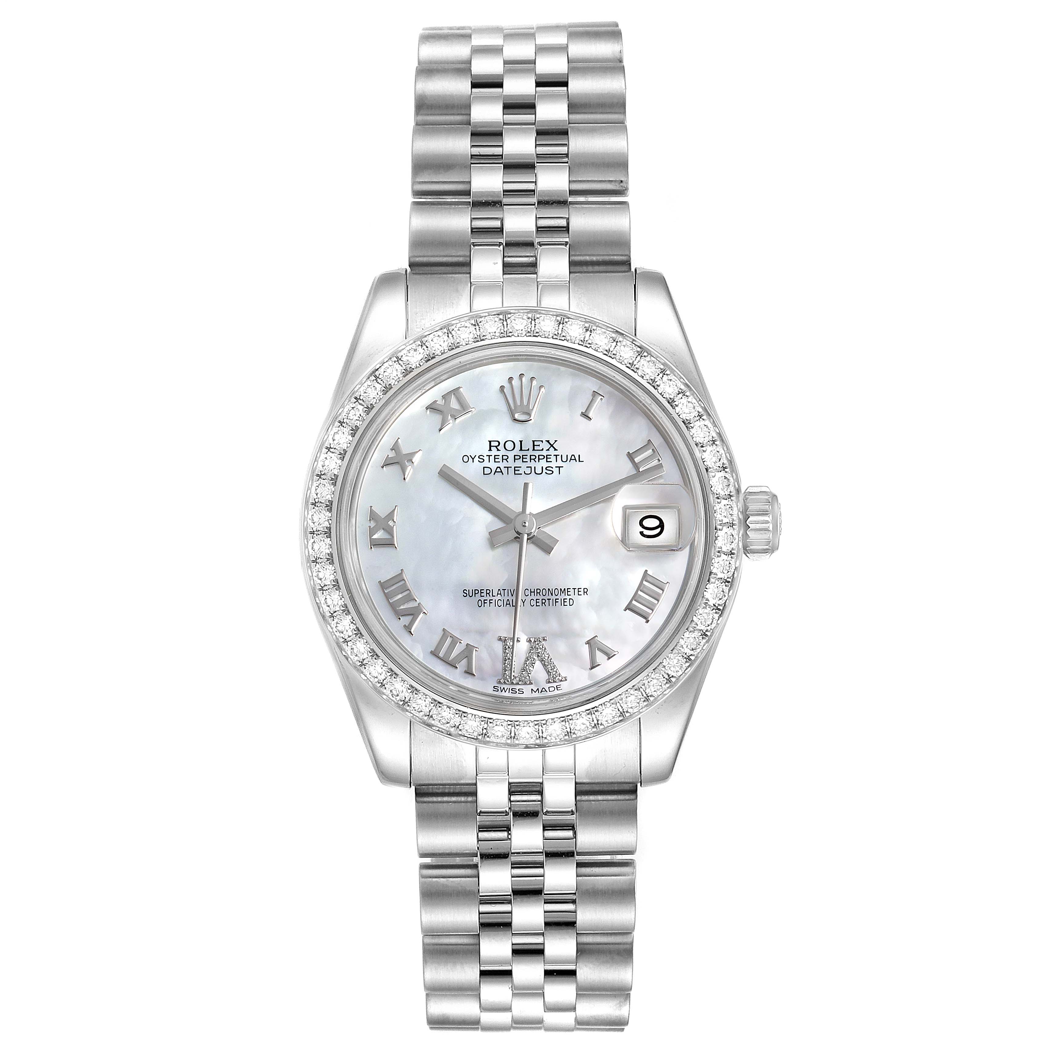 This Rolex Mid-Size 178384 Women
s Stainless Steel Mother of Pearl Dial 178384 Women
s Stainless Steel Mother of Pearl Dial watch is shown from the front, displaying its face, dial, bezel, and bracelet.