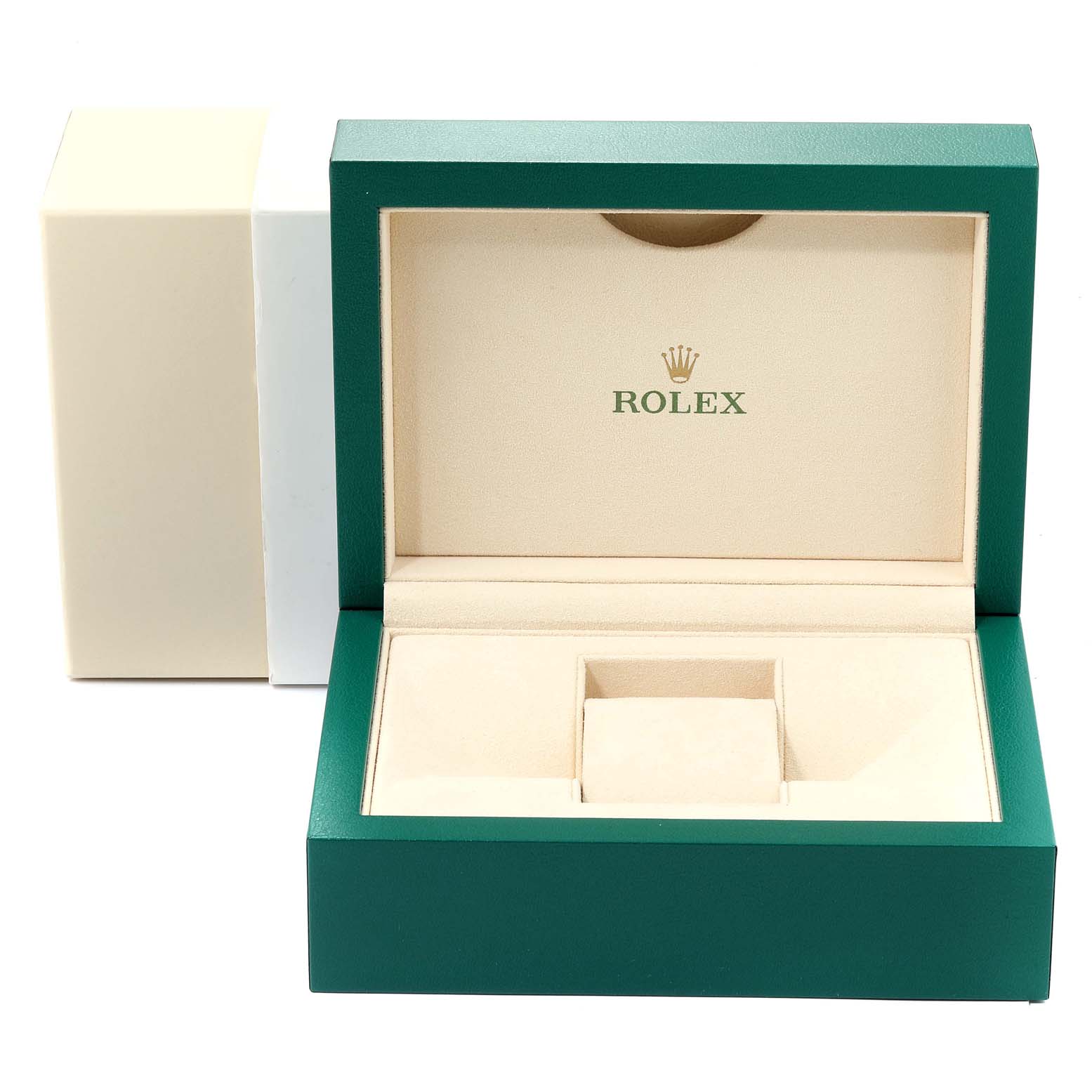 The image shows an open green and beige Rolex watch box for a Mid-Size model, revealing the interior compartment.