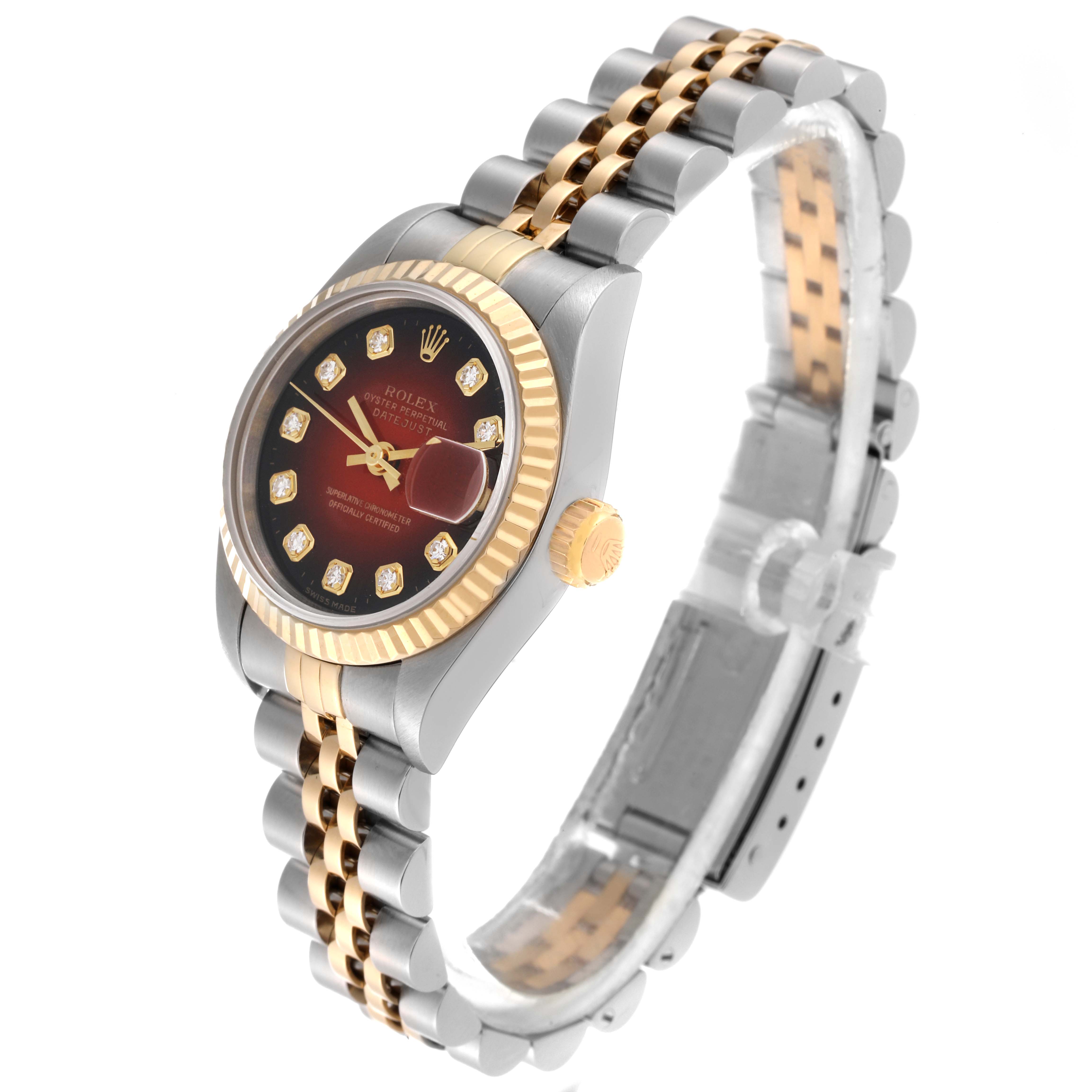 The image shows a Rolex Datejust 69173 Women's Steel and Gold (two tone) Red Dial 69173 Women's Steel and Gold (two tone) Red Dial watch at an angled view, highlighting the dial, fluted bezel, crown, and two-tone bracelet.