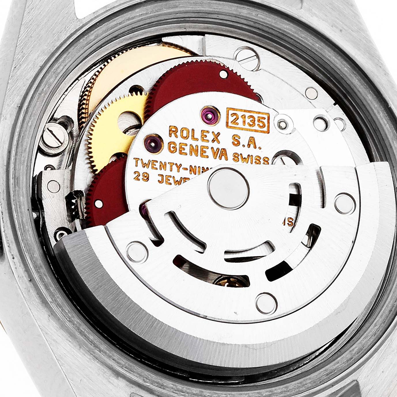 The image shows the internal mechanics and movement of the Rolex Datejust 69173 Women's Steel and Gold (two tone) Red Dial 69173 Women's Steel and Gold (two tone) Red Dial watch, viewed from the back.
