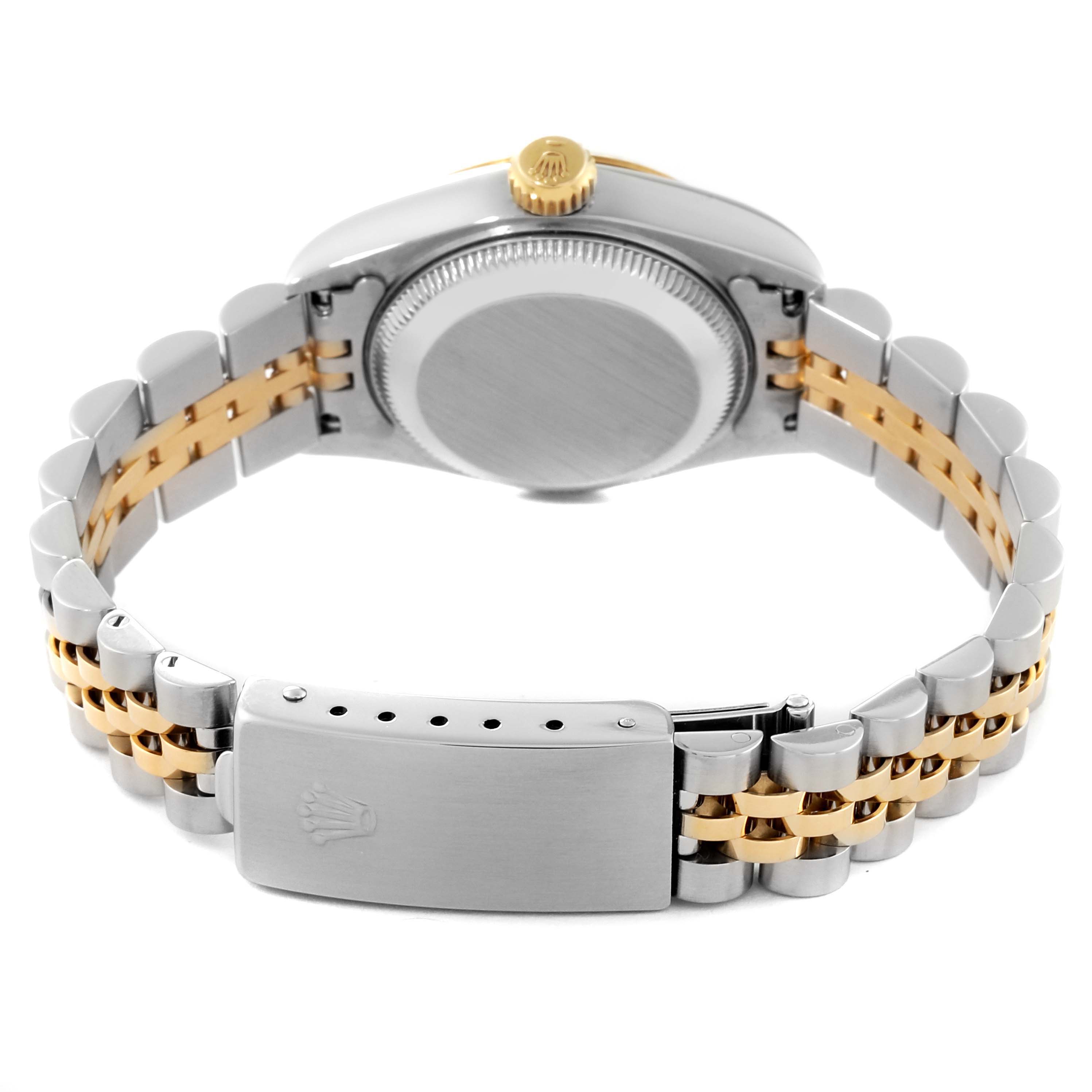 This image shows the back of the Rolex Datejust 69173 Women's Steel and Gold (two tone) Red Dial 69173 Women's Steel and Gold (two tone) Red Dial watch, highlighting its clasp, bracelet, and case back.