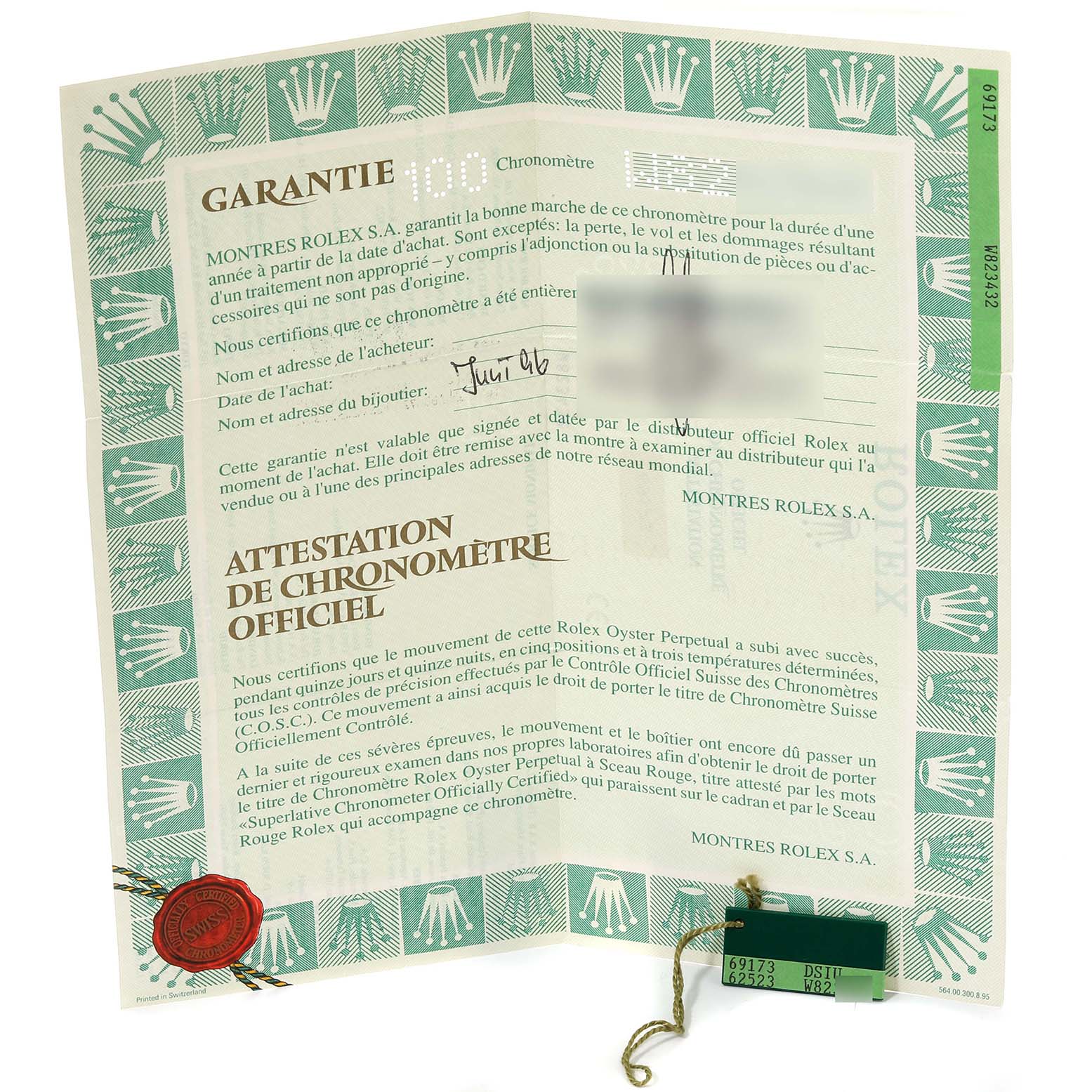 The image shows a folded and stamped warranty certificate for a Rolex Datejust 69173 Women's Steel and Gold (two tone) Red Dial 69173 Women's Steel and Gold (two tone) Red Dial watch.