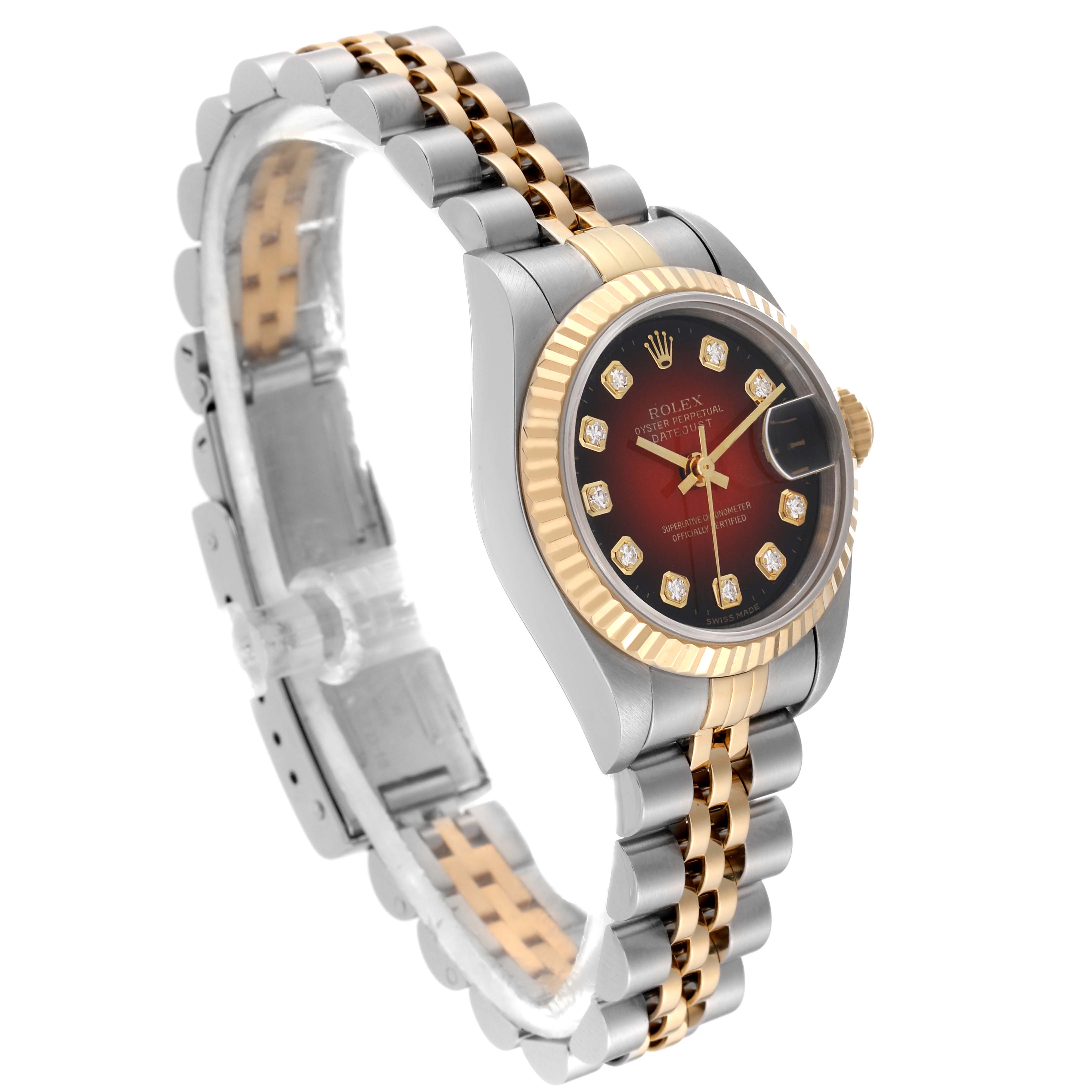 This image shows a Rolex Datejust 69173 Women's Steel and Gold (two tone) Red Dial 69173 Women's Steel and Gold (two tone) Red Dial watch featuring a two-tone bracelet and a red dial with diamond hour markers, viewed from the front-left angle.