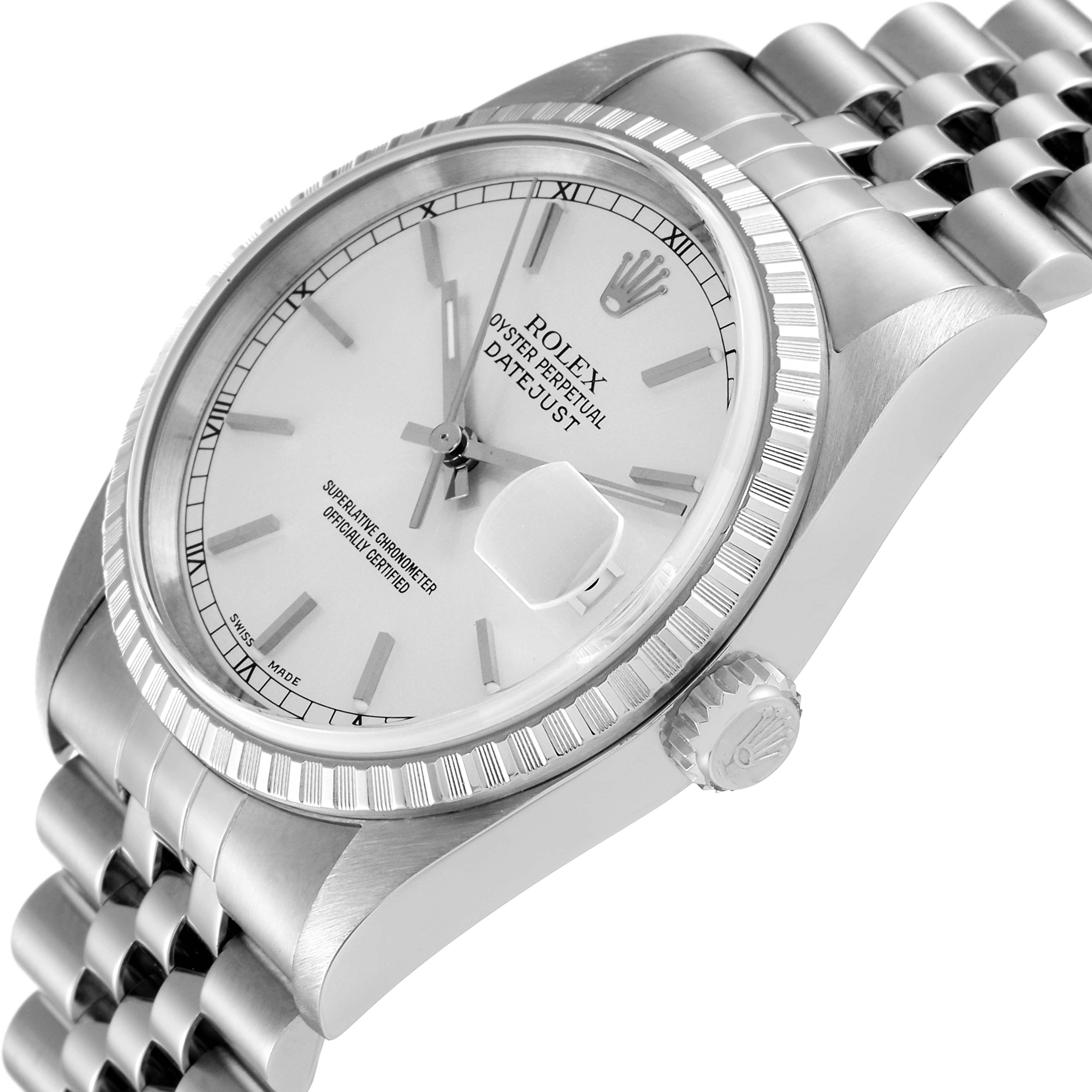 The image shows a Rolex Datejust 16220 Men's Stainless Steel Silver Dial 16220 Men's Stainless Steel Silver Dial watch at a slight side angle, clearly displaying the crown, bezel, dial, and part of the bracelet.