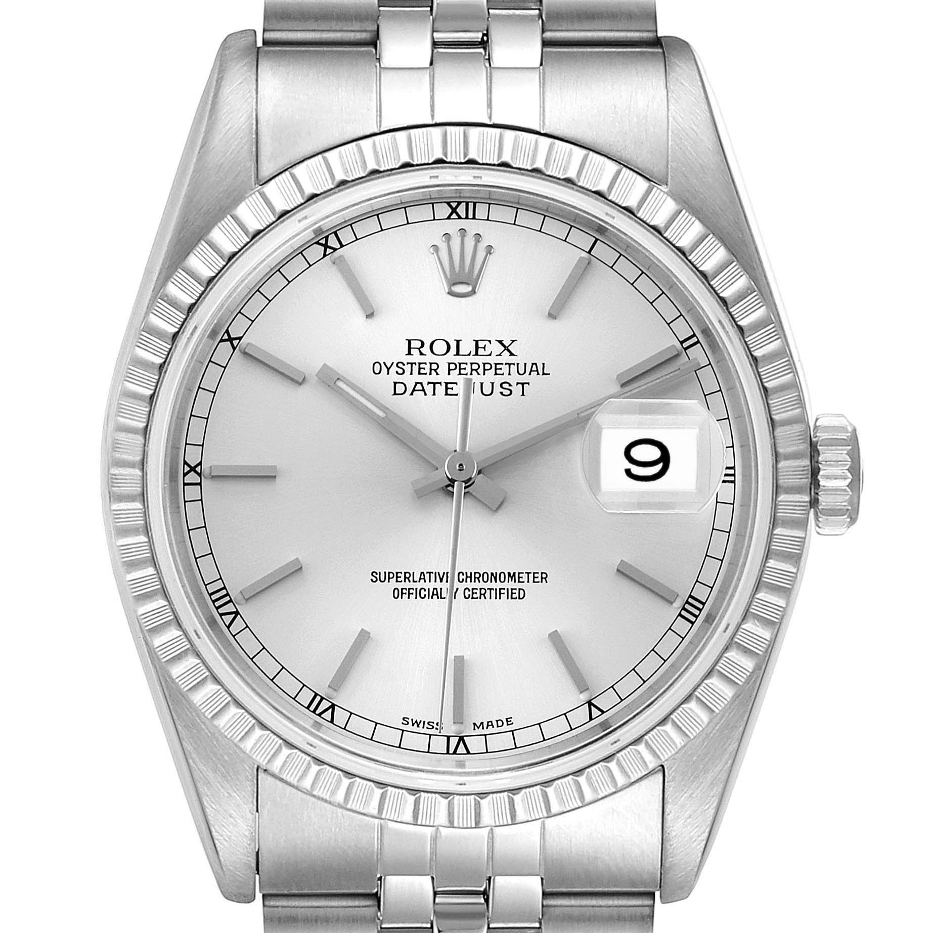The Rolex Datejust 16220 Men's Stainless Steel Silver Dial 16220 Men's Stainless Steel Silver Dial model watch is shown from the front, displaying the dial, hour markers, date window, and part of the band.
