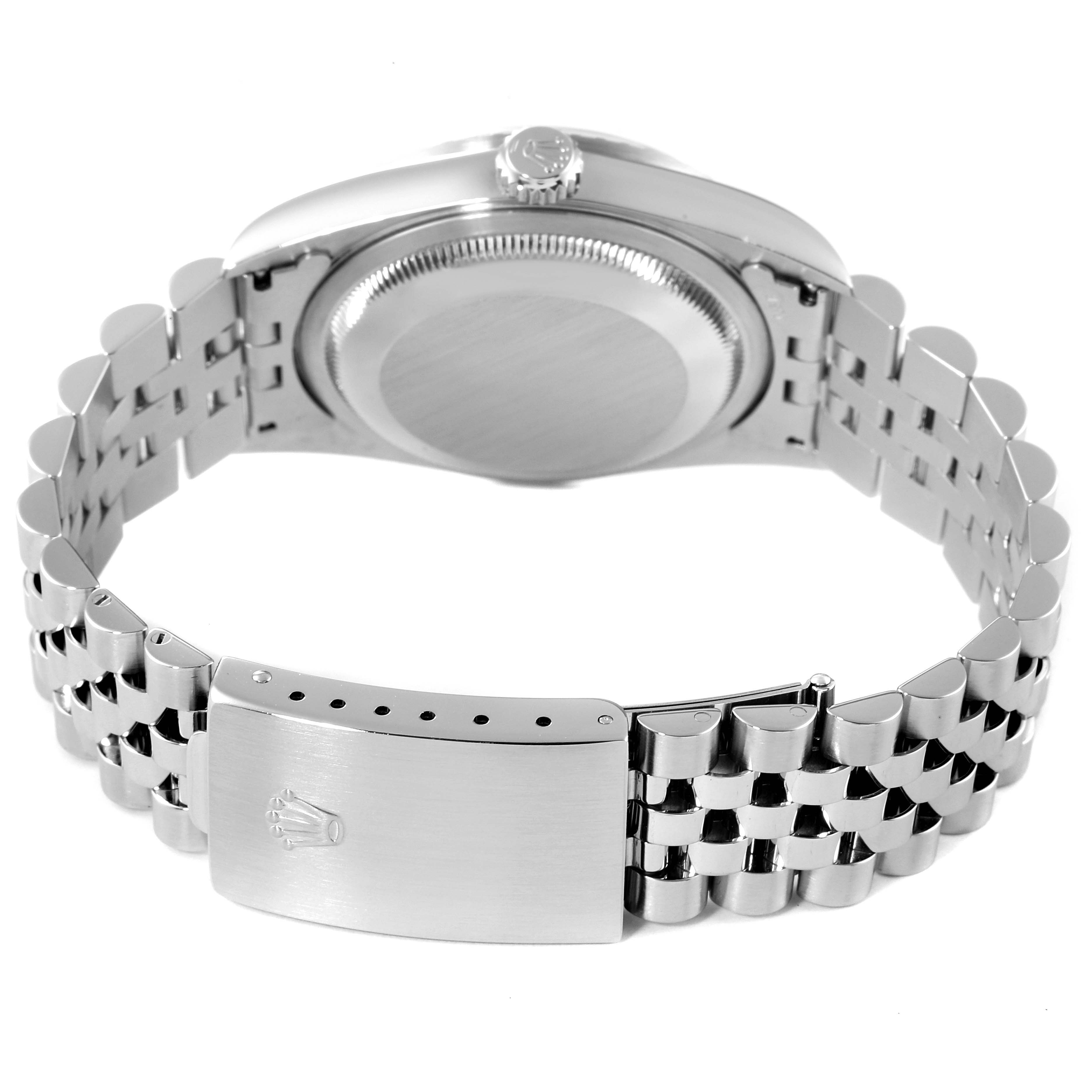 This image shows the backside and bracelet of a Rolex Datejust 16220 Men's Stainless Steel Silver Dial 16220 Men's Stainless Steel Silver Dial watch, highlighting the case back and clasp.