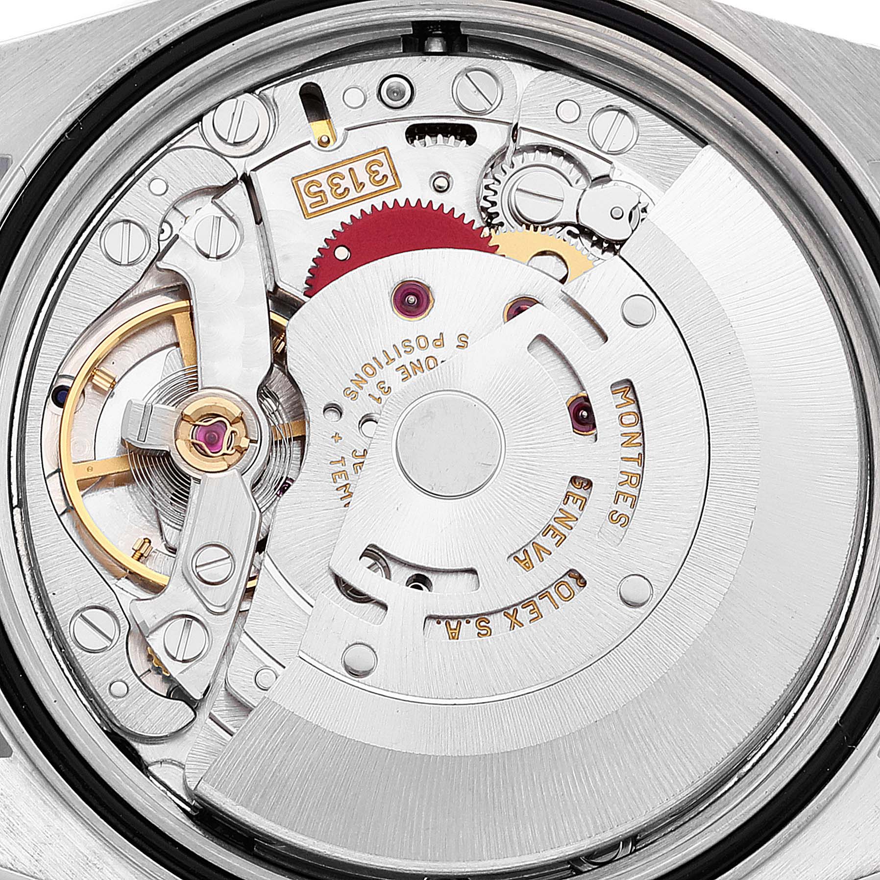 The image shows a close-up view of the internal movement of a Rolex Datejust 16220 Men's Stainless Steel Silver Dial 16220 Men's Stainless Steel Silver Dial watch.