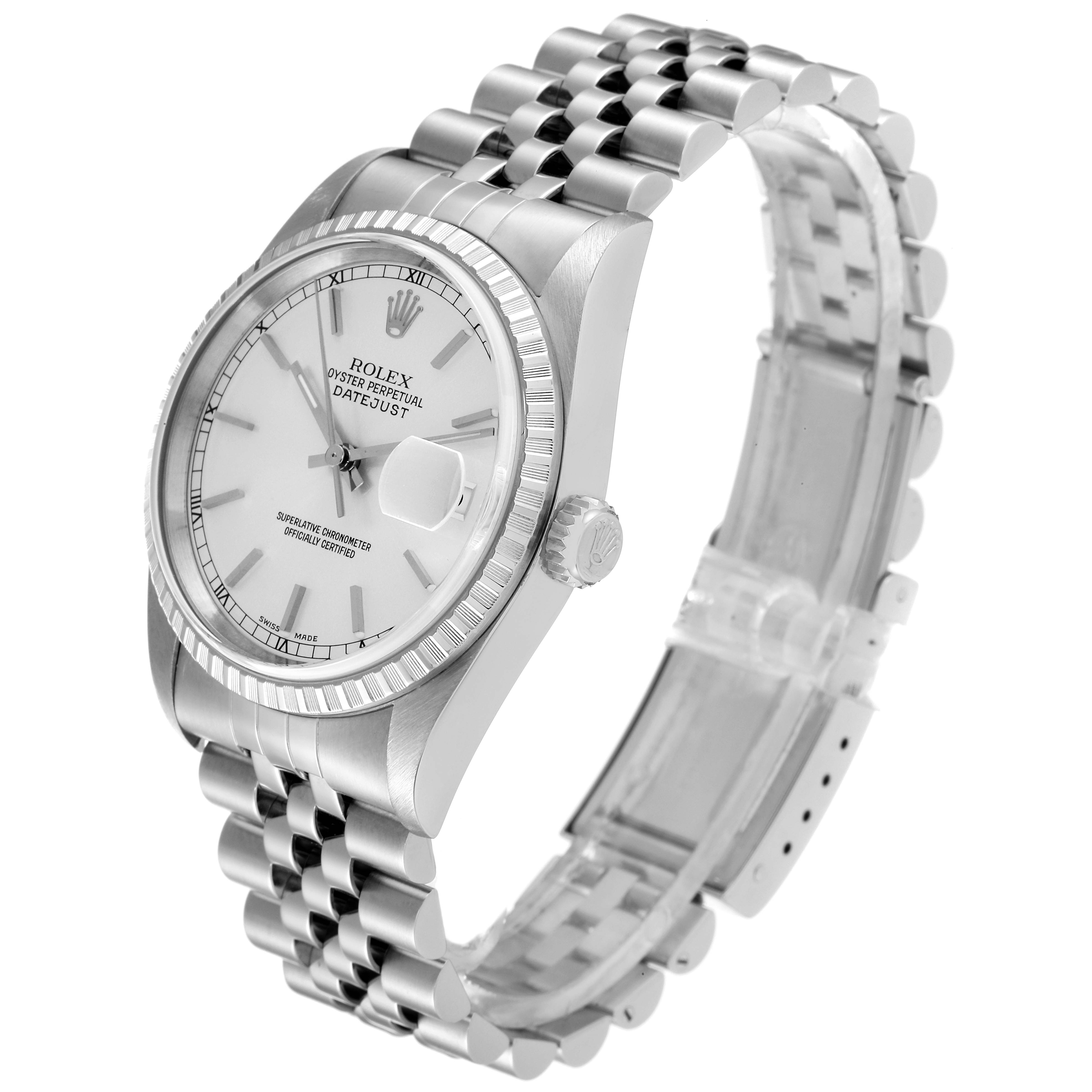 The image shows a Rolex Datejust 16220 Men's Stainless Steel Silver Dial 16220 Men's Stainless Steel Silver Dial watch from an angled side view, displaying the dial, bezel, crown, and bracelet.