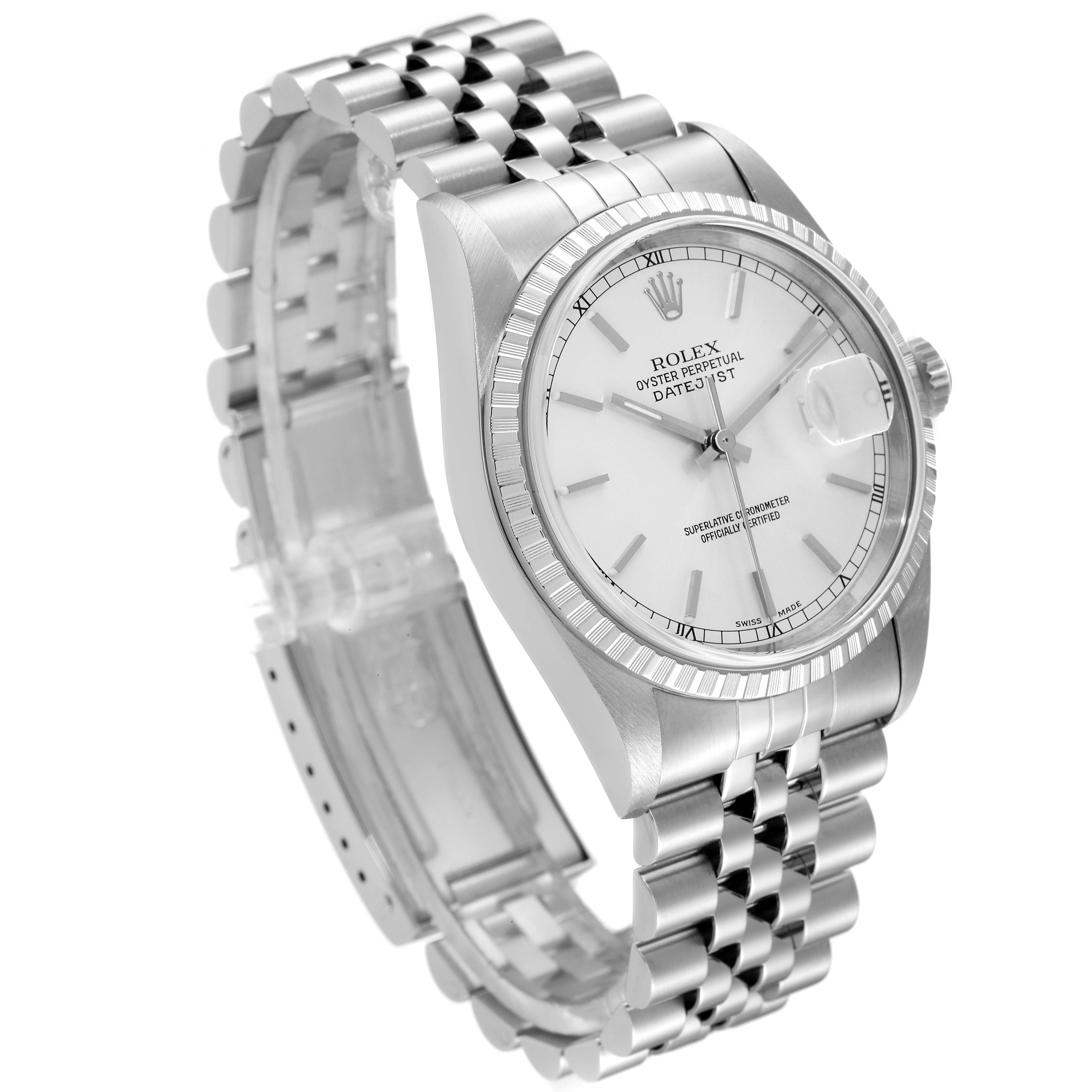 This image shows a Rolex Datejust 16220 Men's Stainless Steel Silver Dial 16220 Men's Stainless Steel Silver Dial watch at an angled side view, highlighting its bracelet, case, and face.