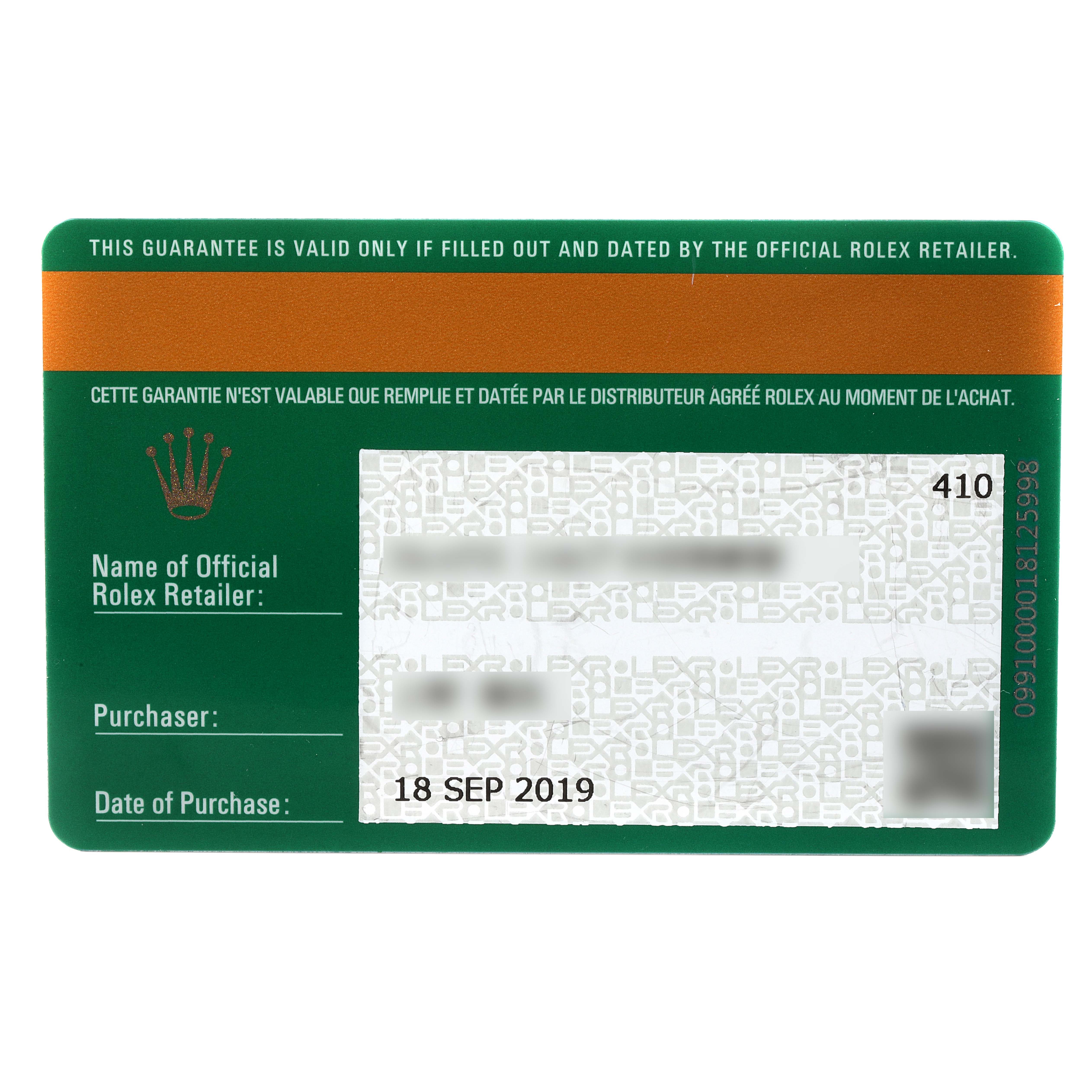 The image shows a warranty card for the Rolex Datejust 126234 Men's Stainless Steel Black Dial 126234 Men's Stainless Steel Black Dial model, displaying purchase details and retailer information.