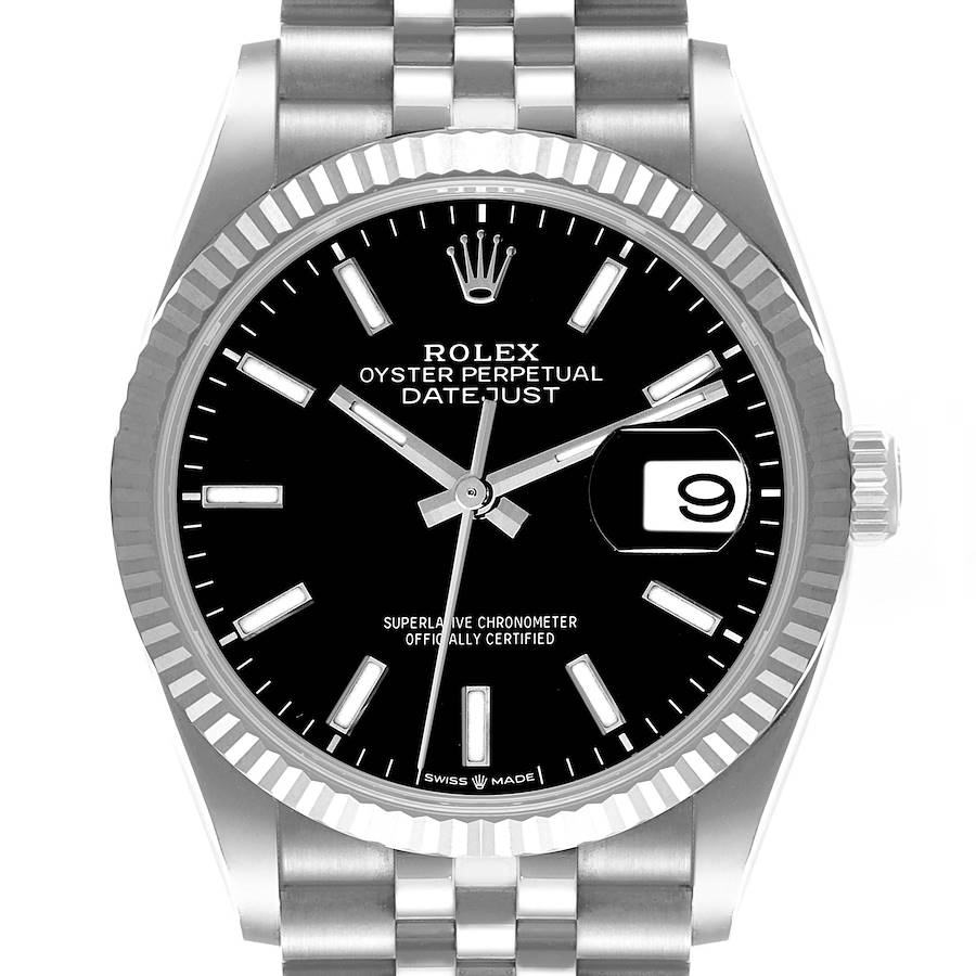 The image shows a Rolex Datejust watch from a front angle, displaying the dial, fluted bezel, hands, and bracelet.