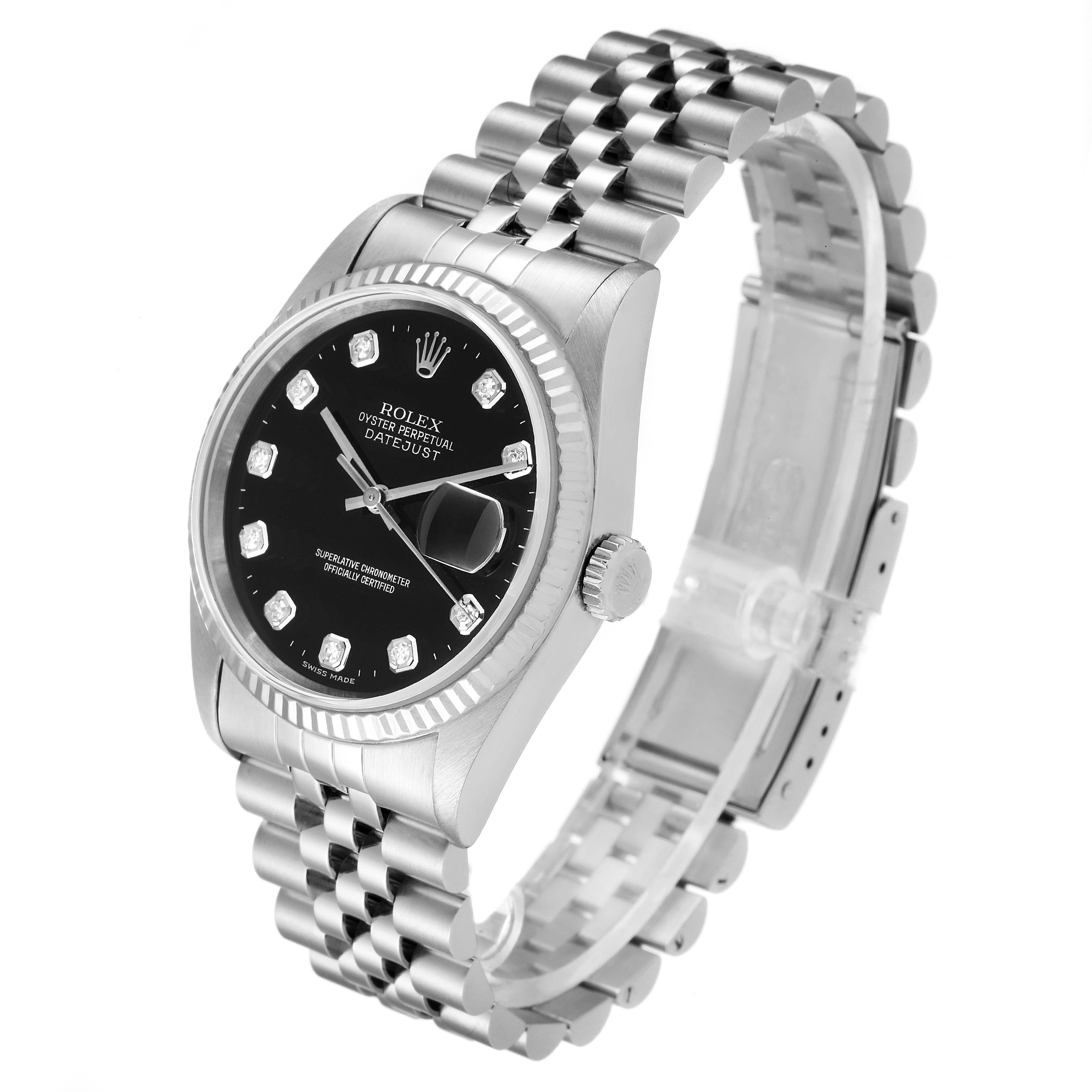 The Rolex Datejust 16234 Men
s Stainless Steel Black Dial 16234 Men
s Stainless Steel Black Dial watch is displayed at a slight angle, showing the dial, bracelet, and partially the crown.