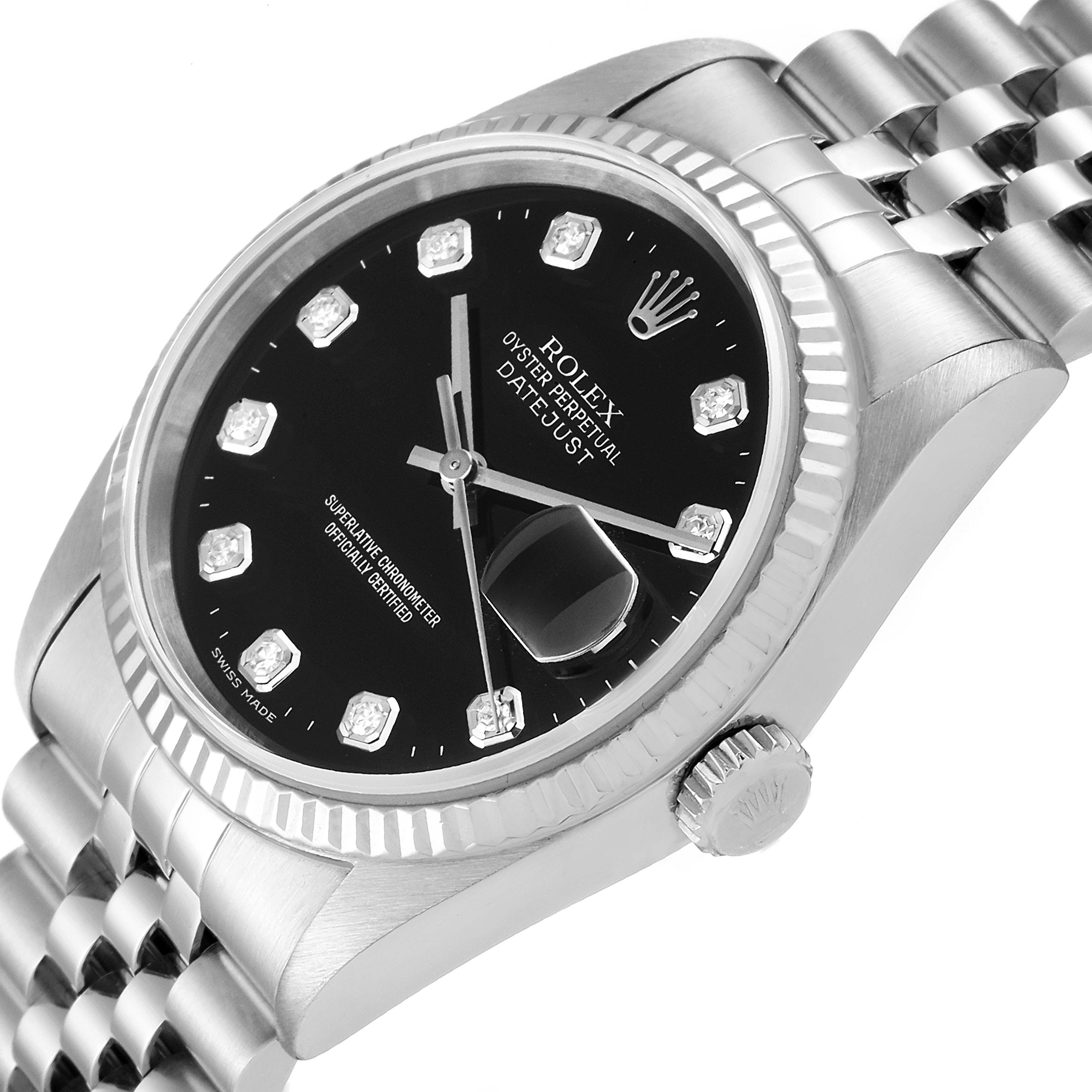 This image shows a close-up angle of a Rolex Datejust 16234 Men
s Stainless Steel Black Dial 16234 Men
s Stainless Steel Black Dial watch, highlighting the black dial, diamond hour markers, fluted bezel, and part of the Jubilee bracelet.