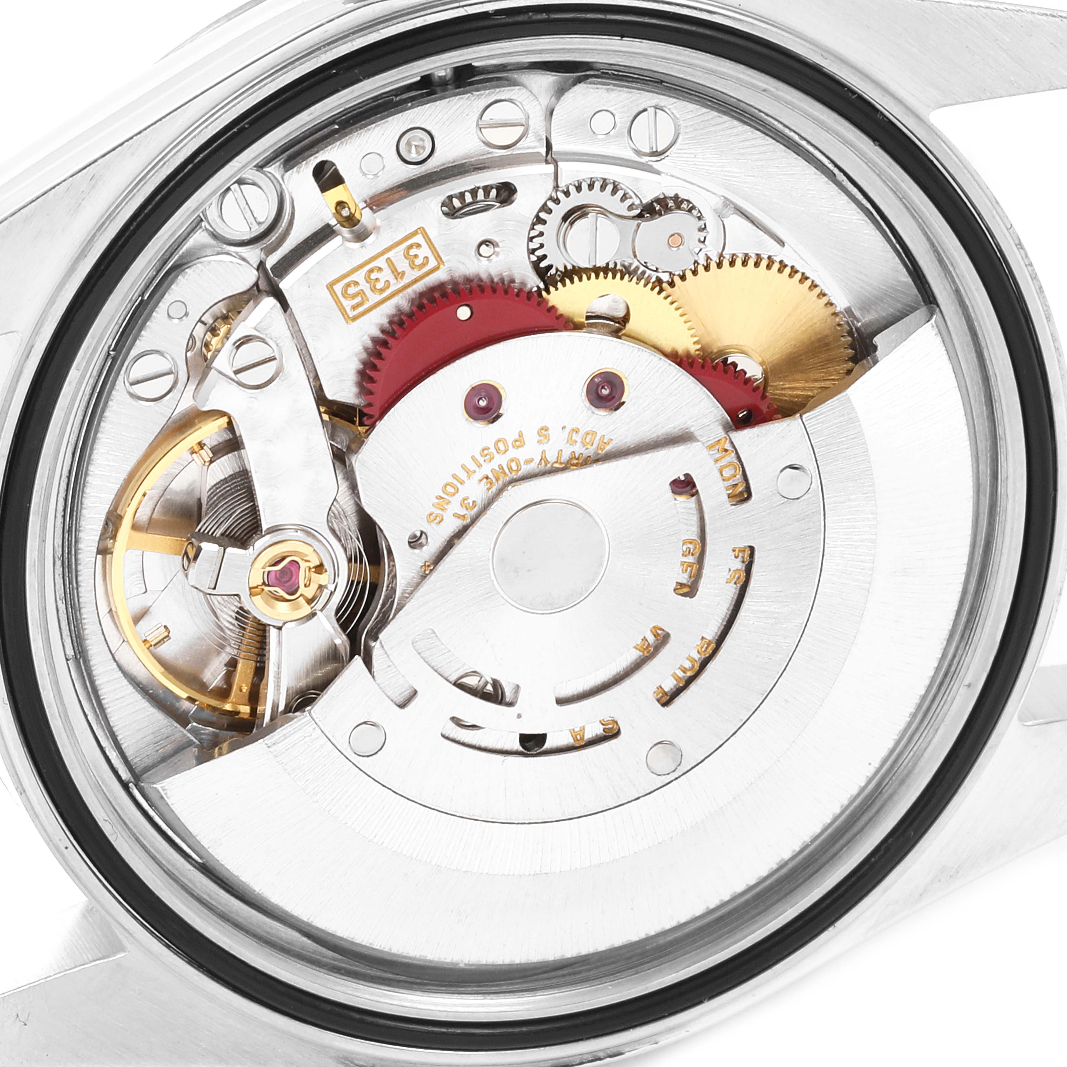 This is a close-up view of the internal mechanism of a Rolex Datejust 16234 Men
s Stainless Steel Black Dial 16234 Men
s Stainless Steel Black Dial watch.