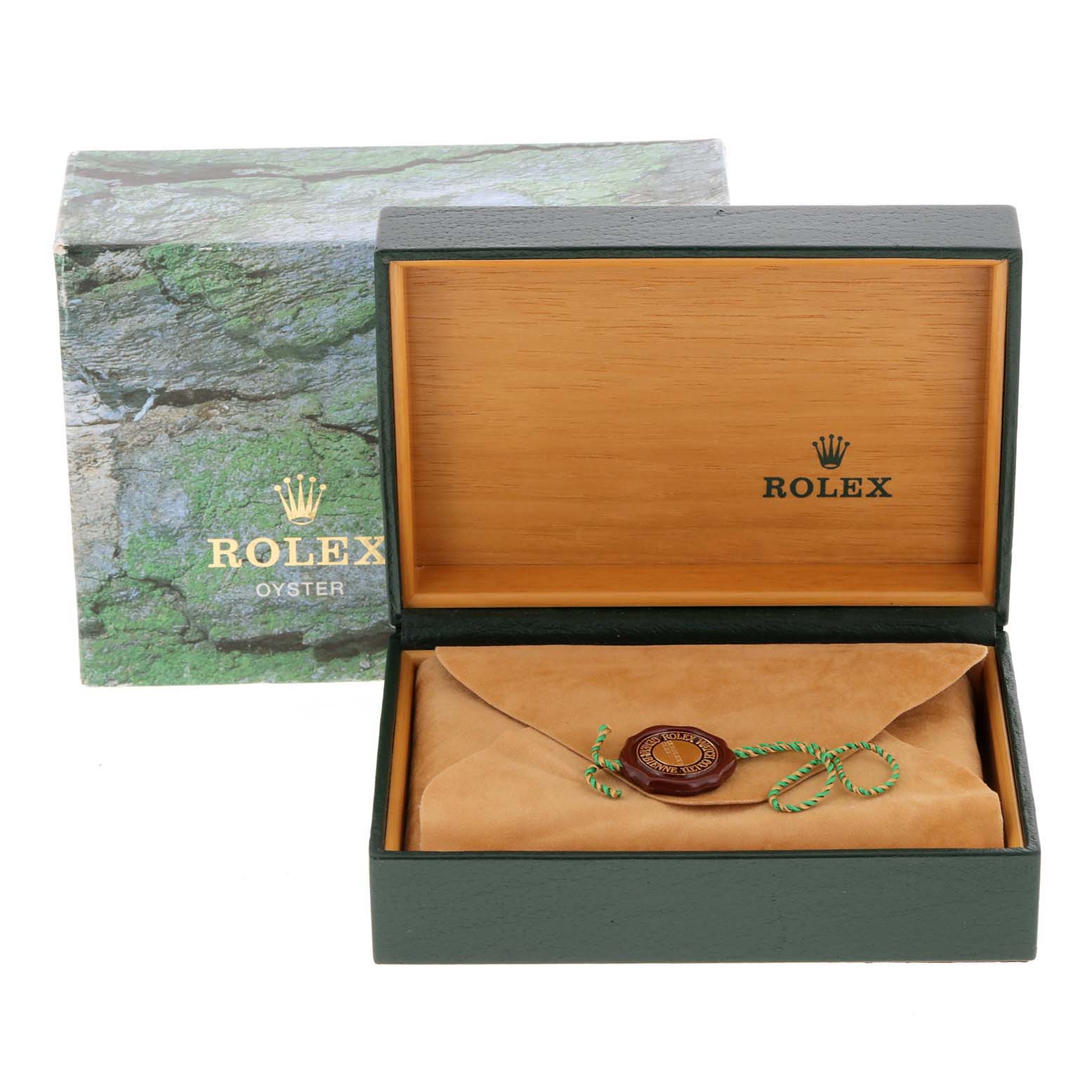 This image shows the packaging of a Rolex Datejust 16234 Men
s Stainless Steel Black Dial 16234 Men
s Stainless Steel Black Dial, including an open wooden box with the Rolex logo and an outer cardboard box.
