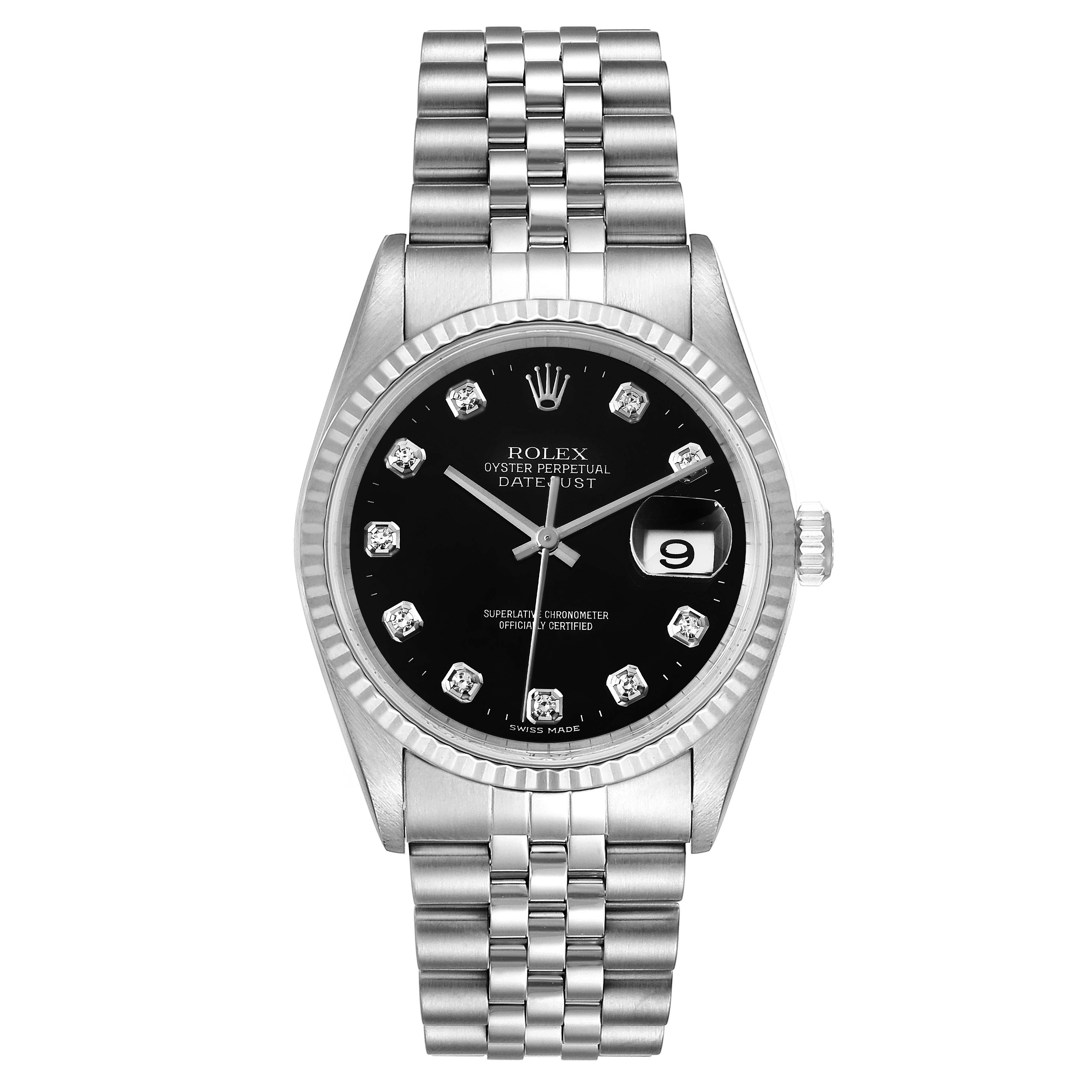 The Rolex Datejust 16234 Men
s Stainless Steel Black Dial 16234 Men
s Stainless Steel Black Dial watch is shown from a top view, displaying the face, bezel, case, and bracelet.