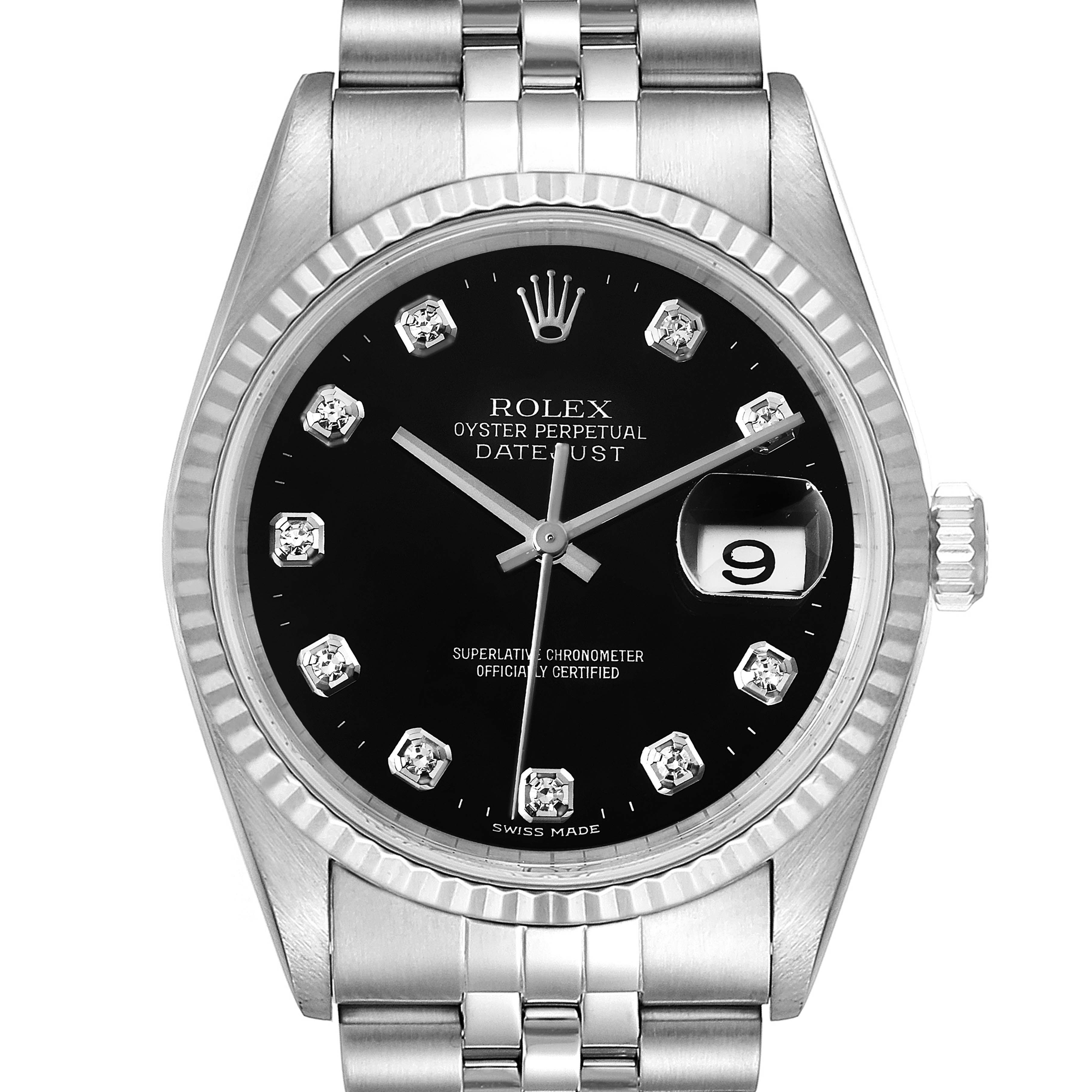 This Rolex Datejust 16234 Men
s Stainless Steel Black Dial 16234 Men
s Stainless Steel Black Dial model watch is shown from the front, displaying the dial, hands, date window, and part of the bracelet.