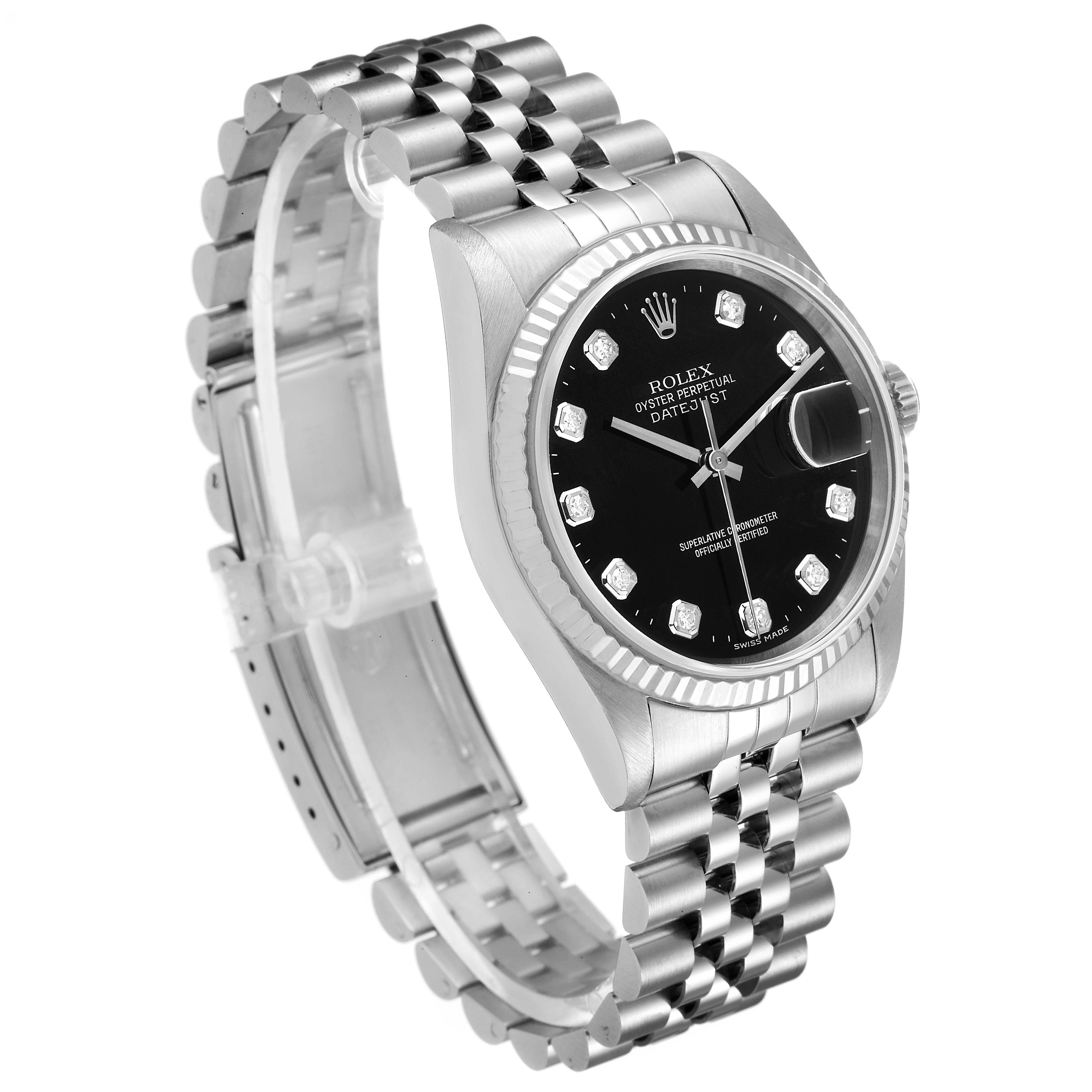 The image shows a Rolex Datejust 16234 Men
s Stainless Steel Black Dial 16234 Men
s Stainless Steel Black Dial watch at a three-quarter angle, highlighting the face, bezel, bracelet, and clasp.
