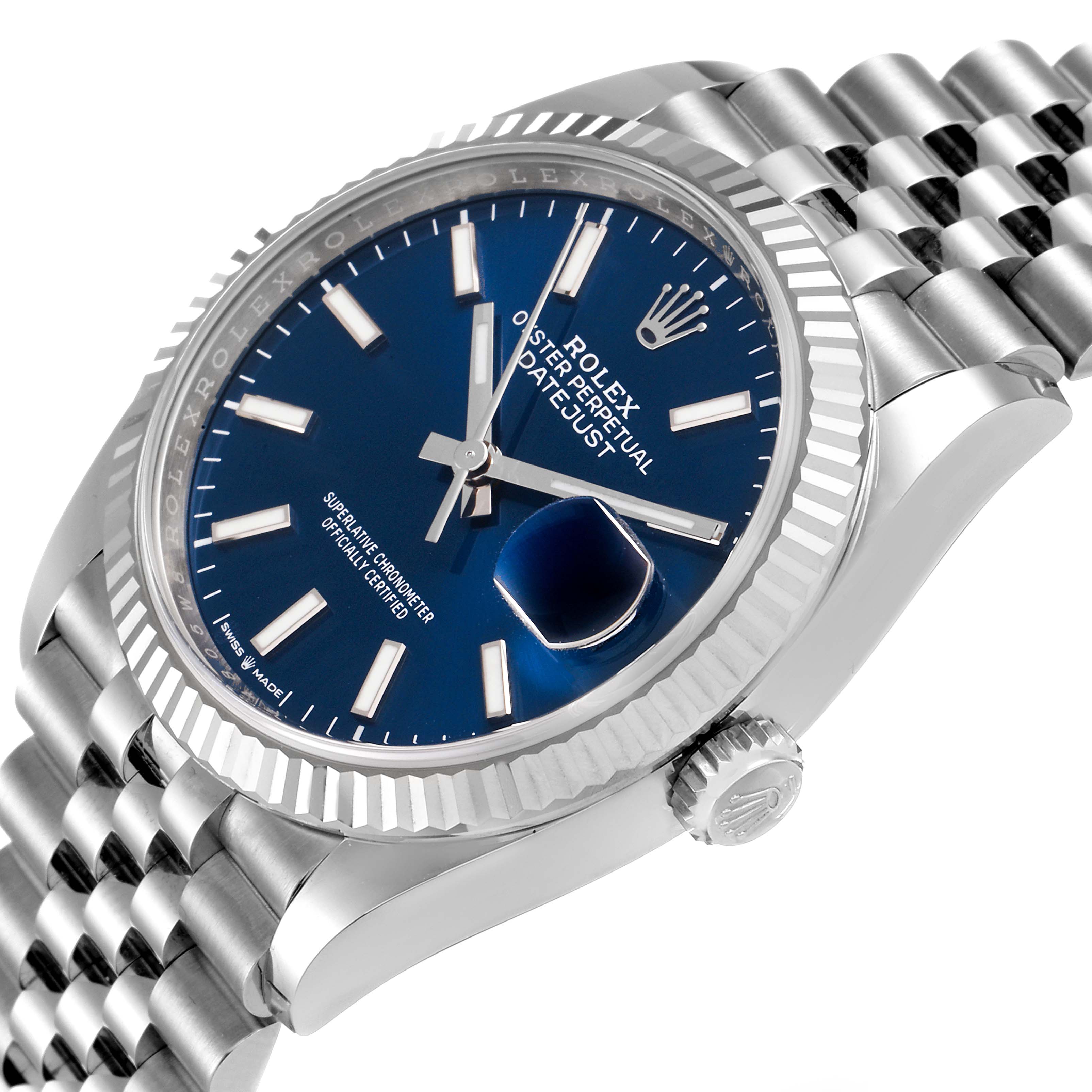 This image shows a close-up angled view of the Rolex Datejust 126234 Men's Stainless Steel Blue Dial 126234 Men's Stainless Steel Blue Dial watch, highlighting its blue dial, fluted bezel, and Jubilee bracelet.