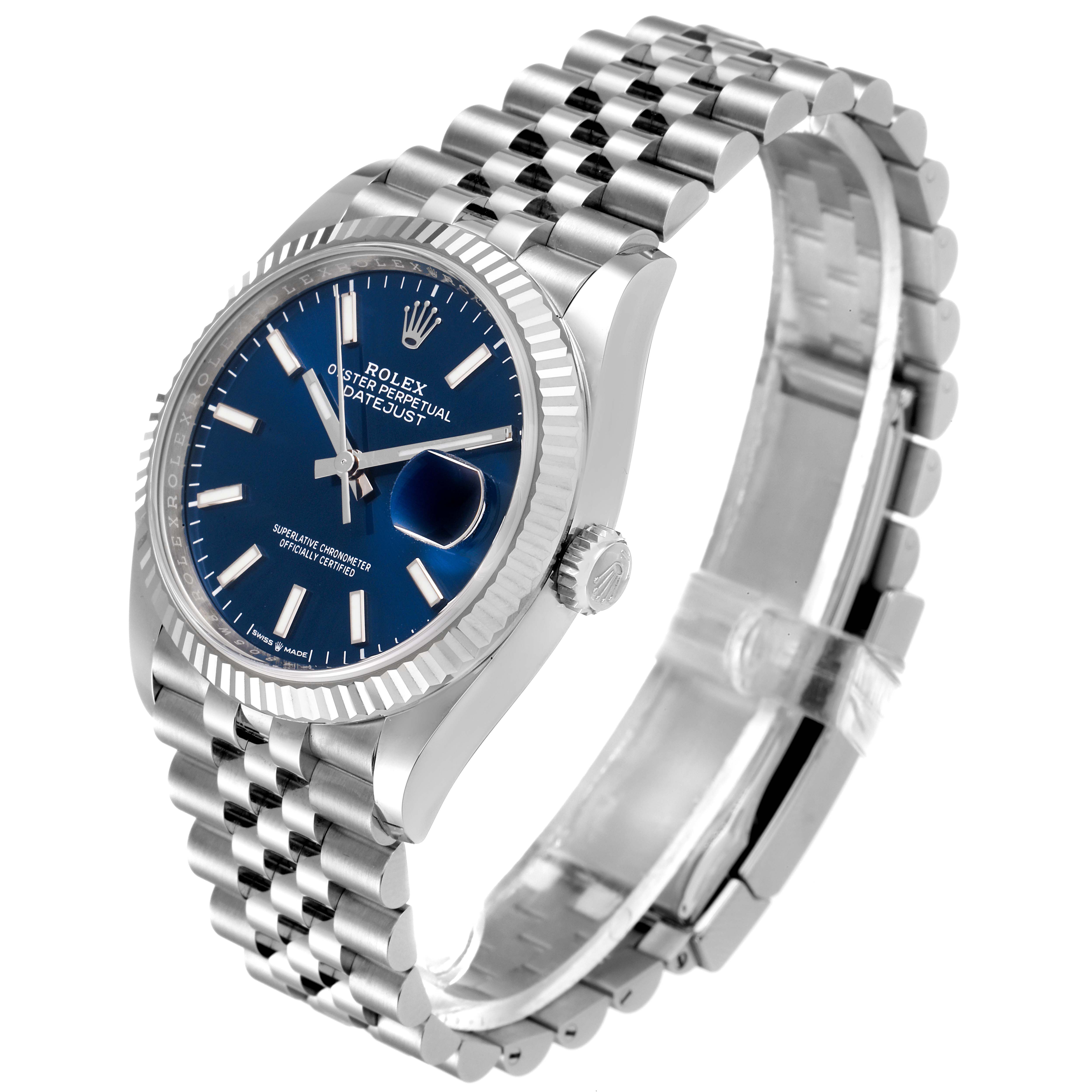 The image shows a Rolex Datejust 126234 Men's Stainless Steel Blue Dial 126234 Men's Stainless Steel Blue Dial watch at an angle showcasing its face, bezel, crown, and bracelet.