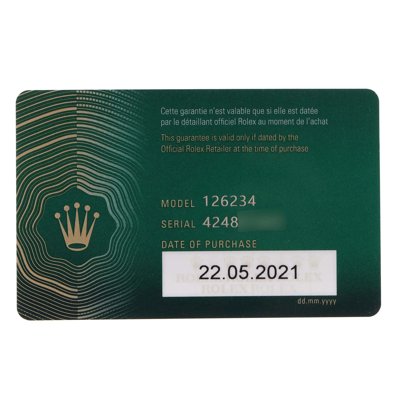 This image displays a guarantee card for a Rolex Datejust 126234 Men's Stainless Steel Blue Dial 126234 Men's Stainless Steel Blue Dial model 126234, with details including serial number and purchase date.