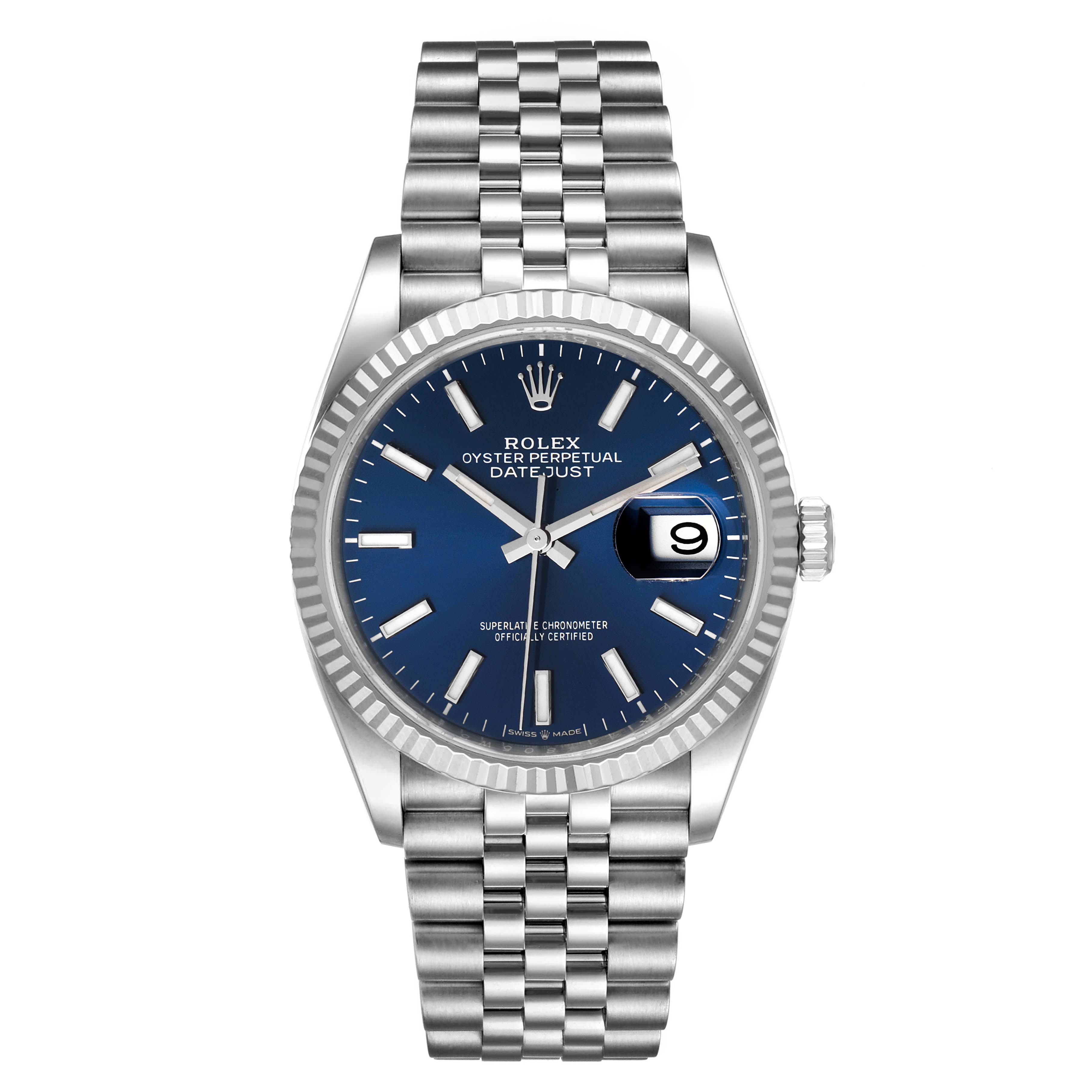 This image shows a frontal view of the Rolex Datejust 126234 Men's Stainless Steel Blue Dial 126234 Men's Stainless Steel Blue Dial watch, highlighting its blue dial, date window, and jubilee bracelet.