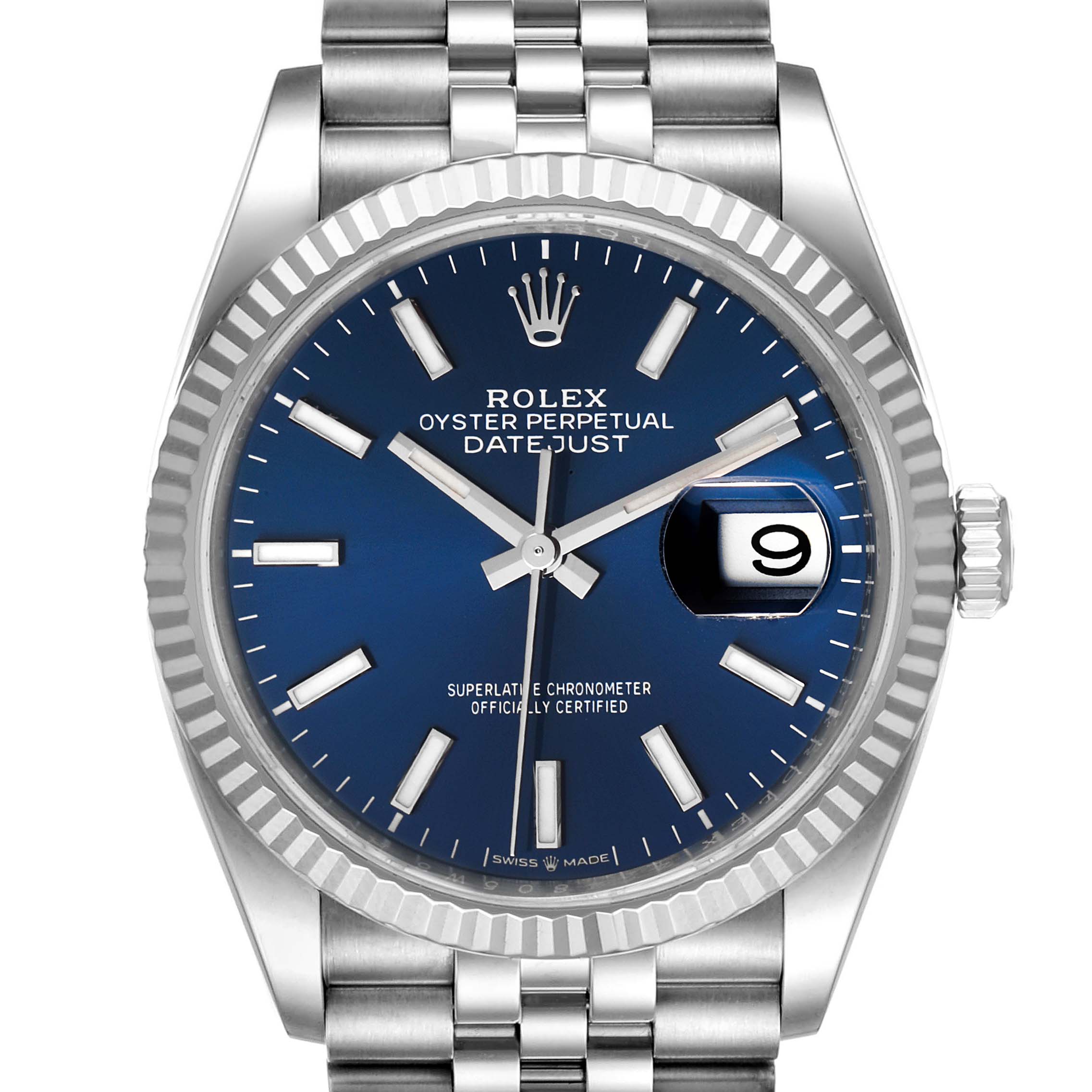 This image shows a front view of a Rolex Datejust 126234 Men's Stainless Steel Blue Dial 126234 Men's Stainless Steel Blue Dial watch, highlighting the blue dial, date window, and stainless-steel bracelet.