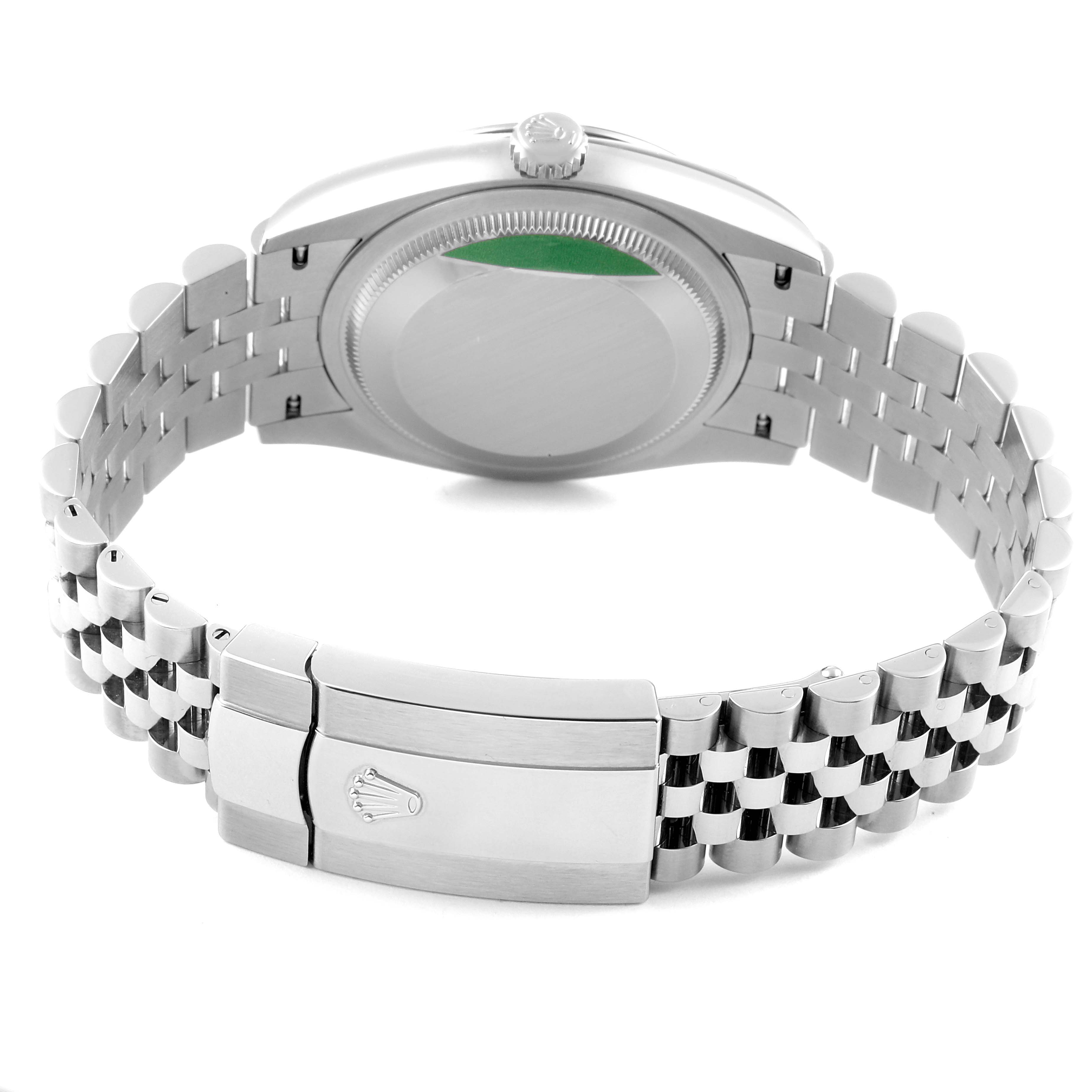 This image shows the back case and jubilee bracelet of a Rolex Datejust 126234 Men's Stainless Steel Blue Dial 126234 Men's Stainless Steel Blue Dial watch from a rear angle.