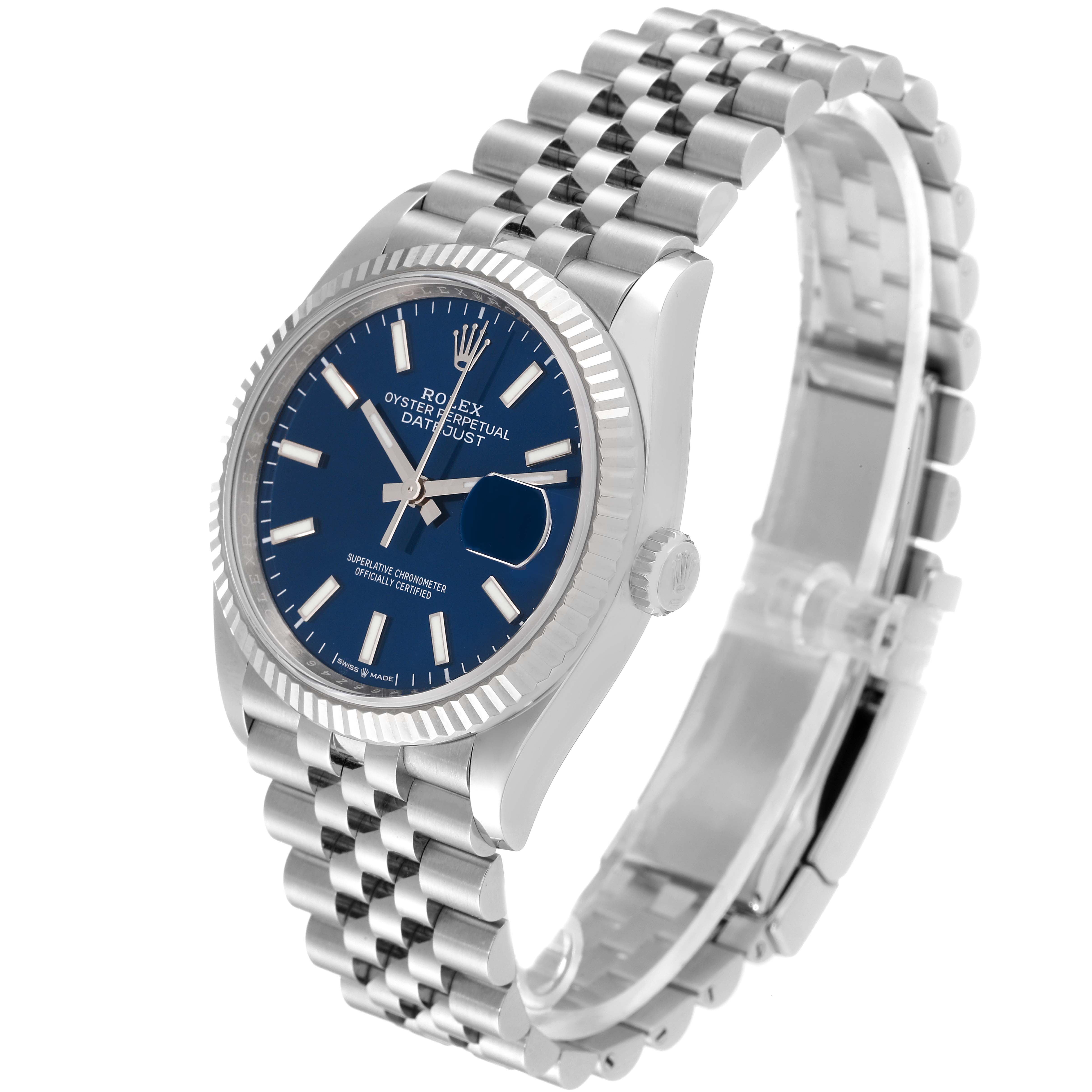 This image shows a side angle of a Rolex Datejust 126234 Men's Stainless Steel Blue Dial 126234 Men's Stainless Steel Blue Dial watch featuring its blue dial, fluted bezel, and Jubilee bracelet.