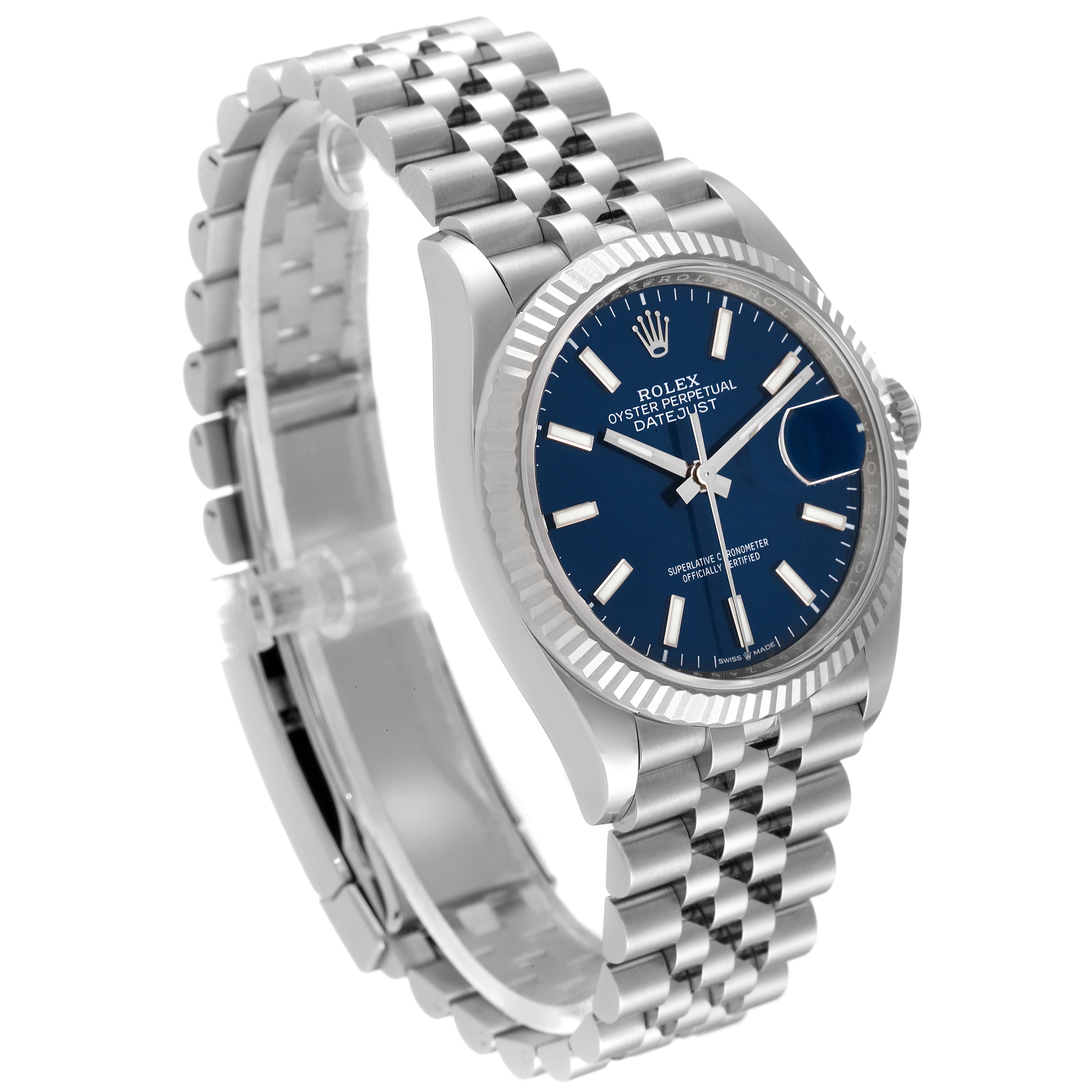 This image shows a Rolex Datejust 126234 Men's Stainless Steel Blue Dial 126234 Men's Stainless Steel Blue Dial watch with a blue dial, fluted bezel, and Jubilee bracelet, angled slightly to the side.
