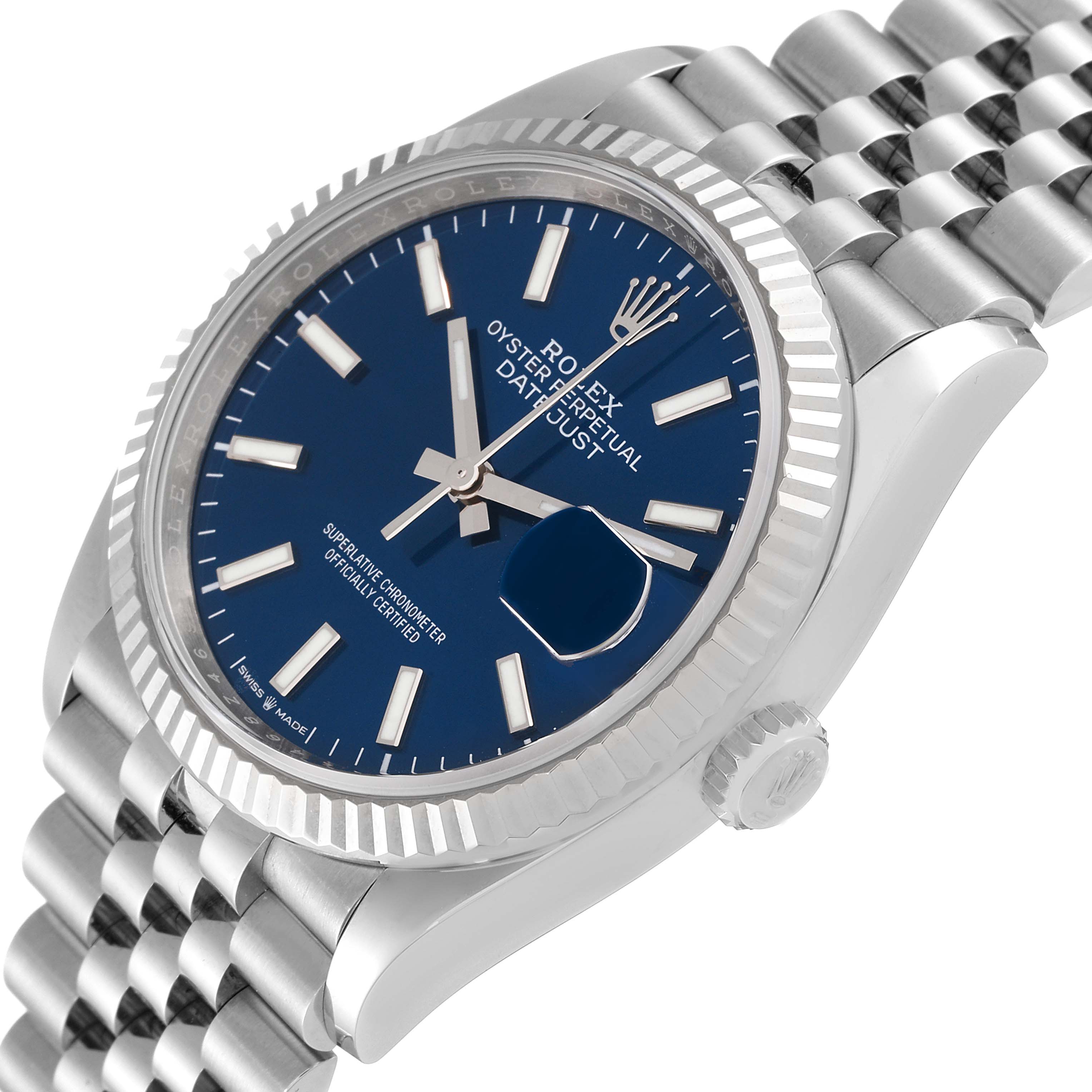The image shows a Rolex Datejust 126234 Men's Stainless Steel Blue Dial 126234 Men's Stainless Steel Blue Dial watch at an angled view, displaying the face, crown, and part of the bracelet.