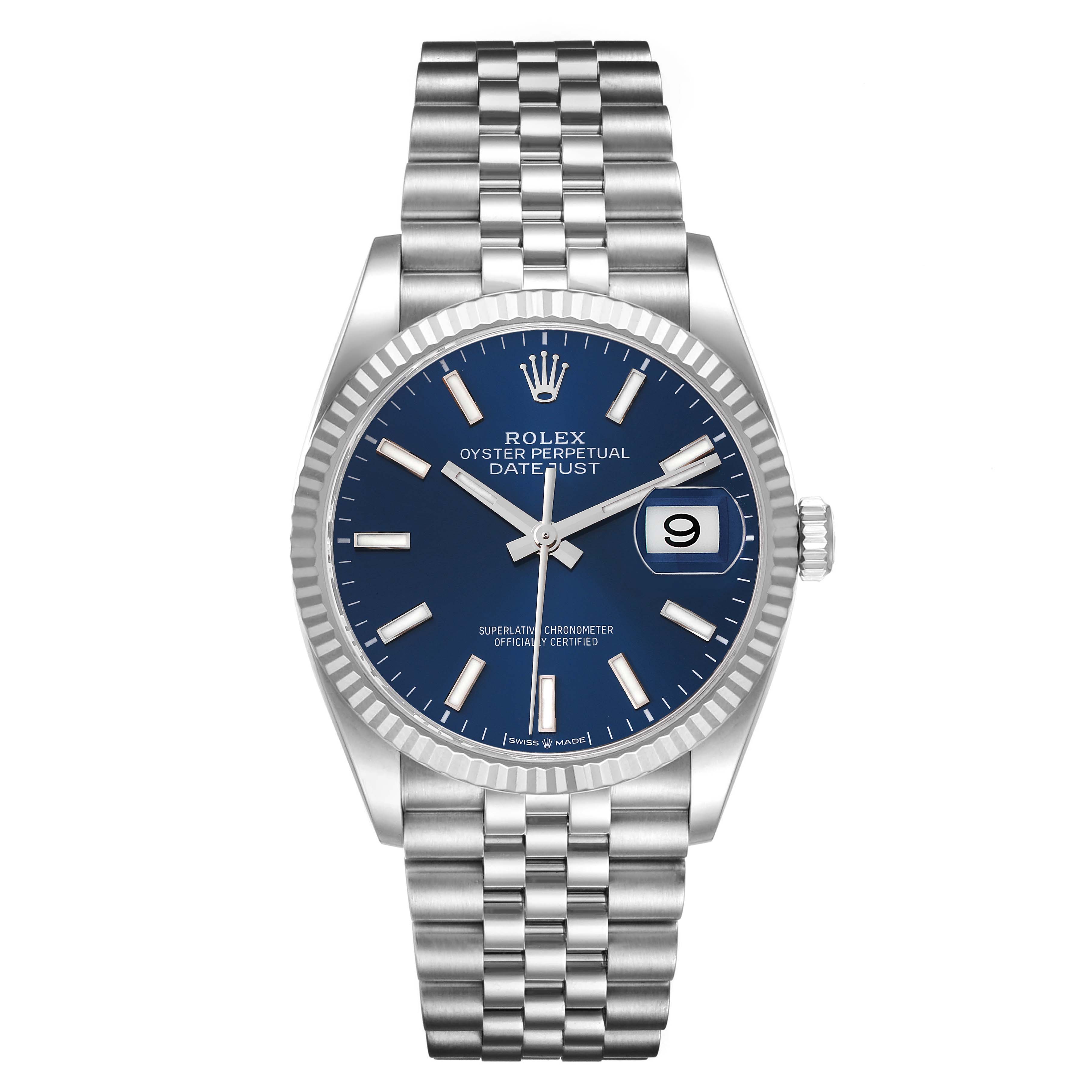 This image shows a front view of the Rolex Datejust 126234 Men's Stainless Steel Blue Dial 126234 Men's Stainless Steel Blue Dial watch, highlighting the blue dial, date display, fluted bezel, and jubilee bracelet.