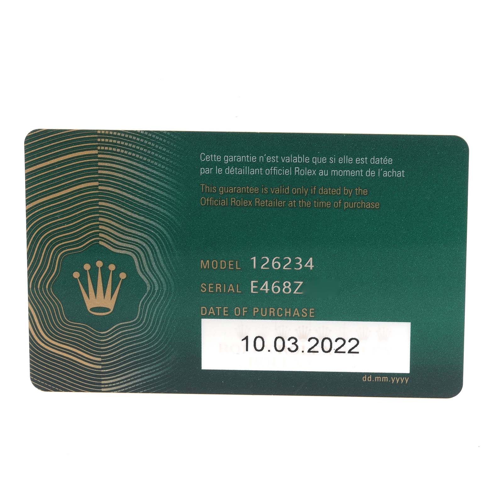 This image shows a warranty card for the Rolex Datejust 126234 Men's Stainless Steel Blue Dial 126234 Men's Stainless Steel Blue Dial model 126234, including the serial number and purchase date (10.03.2022).