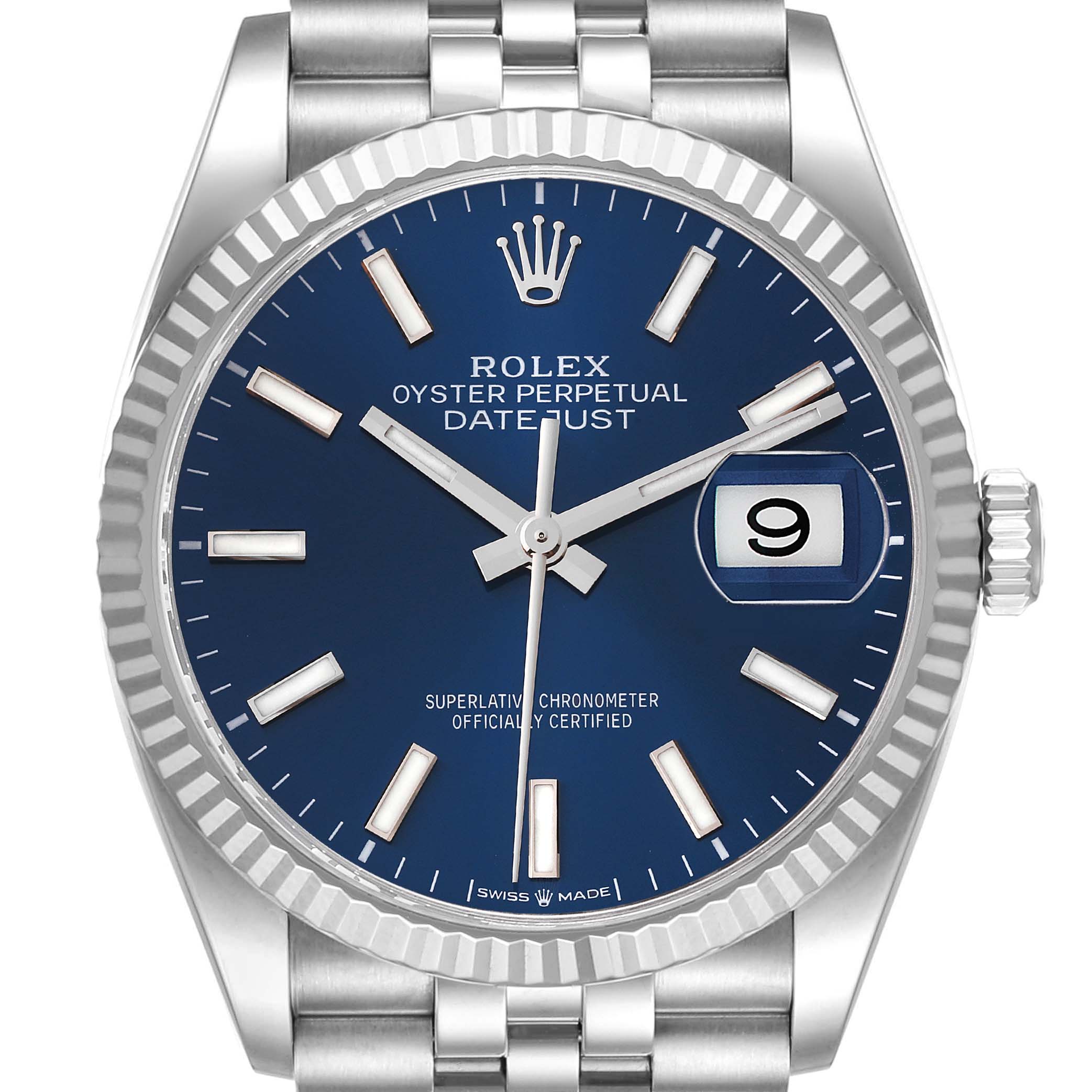 This image shows a front view of a Rolex Datejust 126234 Men's Stainless Steel Blue Dial 126234 Men's Stainless Steel Blue Dial watch, highlighting its blue dial, fluted bezel, and Jubilee bracelet.