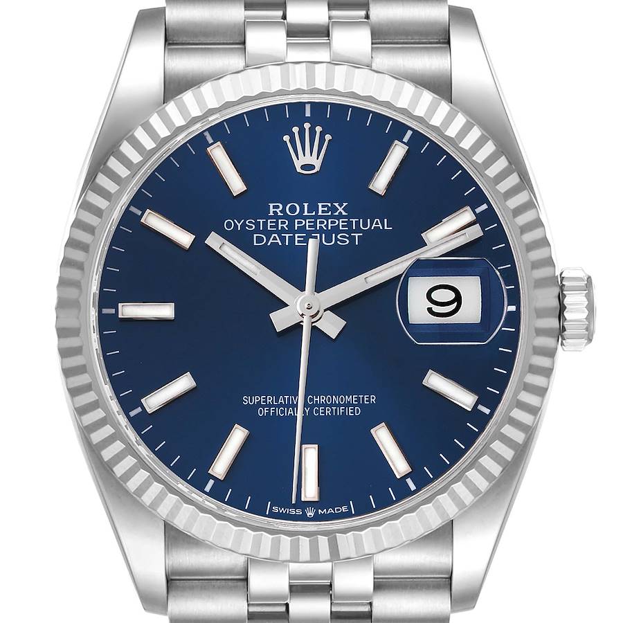 This image shows a front view of a Rolex Datejust watch, highlighting its blue dial, fluted bezel, and Jubilee bracelet.