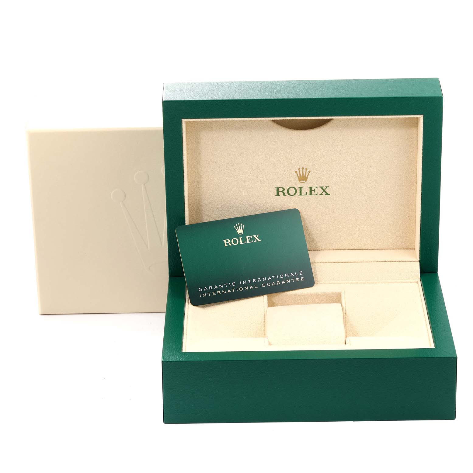 The image shows the open box and warranty card for a Rolex Datejust 126234 Men's Stainless Steel Blue Dial 126234 Men's Stainless Steel Blue Dial watch, with the box and card prominently displayed.