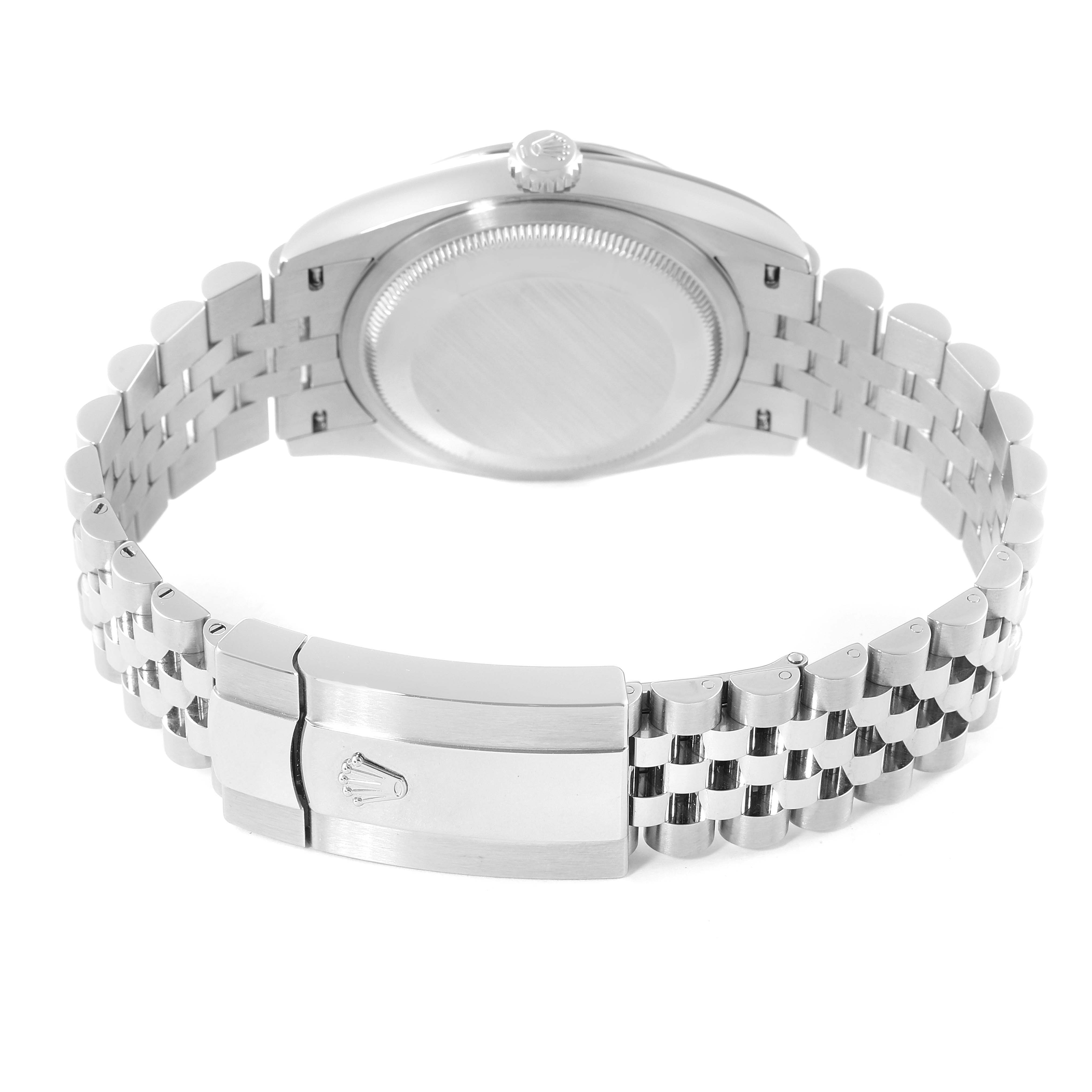 This image shows the back view of a Rolex Datejust 126234 Men's Stainless Steel Blue Dial 126234 Men's Stainless Steel Blue Dial watch, highlighting its case back and Jubilee bracelet with clasp.