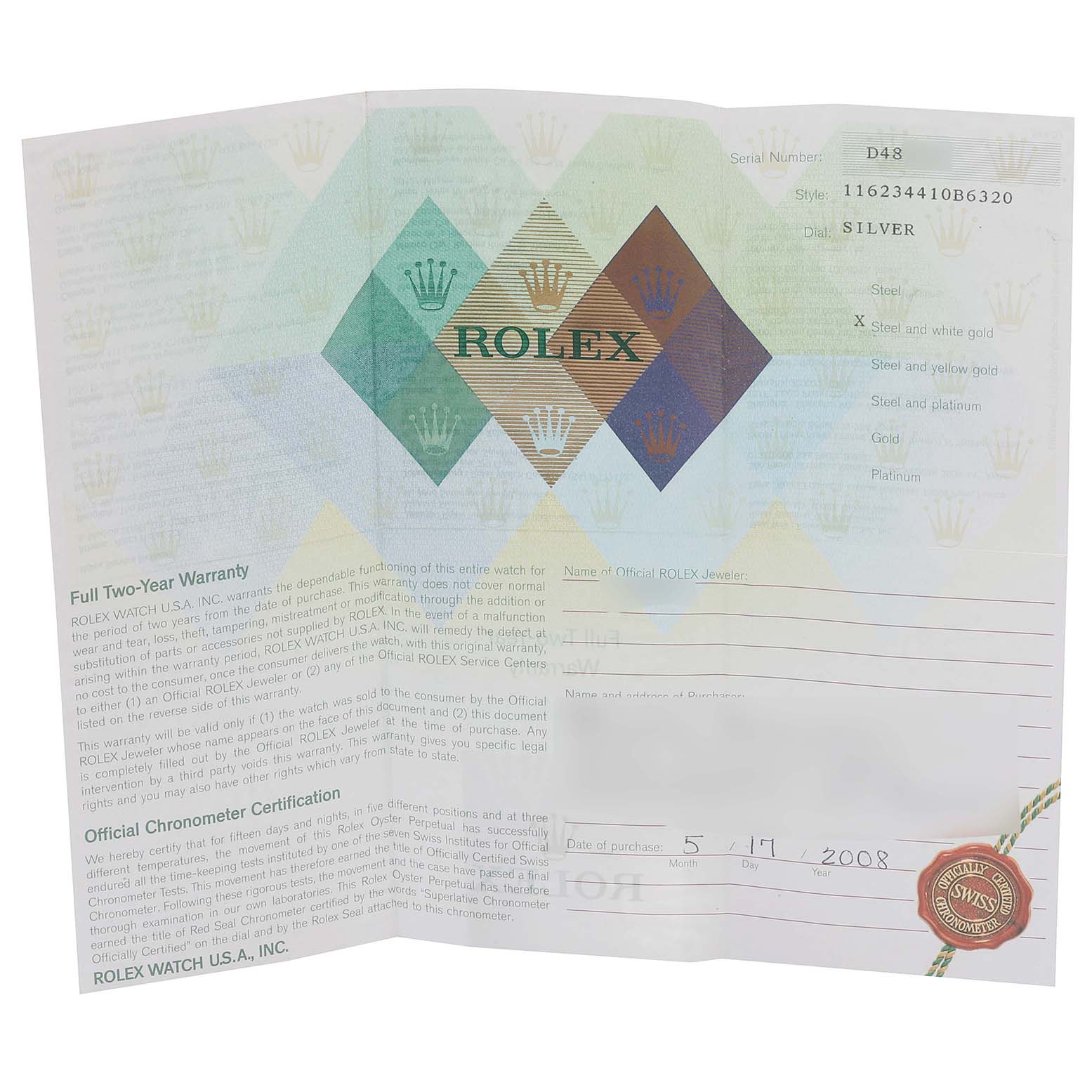 The image shows a warranty and certification card for the Rolex Datejust 116234 Men's Stainless Steel Silver Dial 116234 Men's Stainless Steel Silver Dial model, including purchase details and authenticity information.