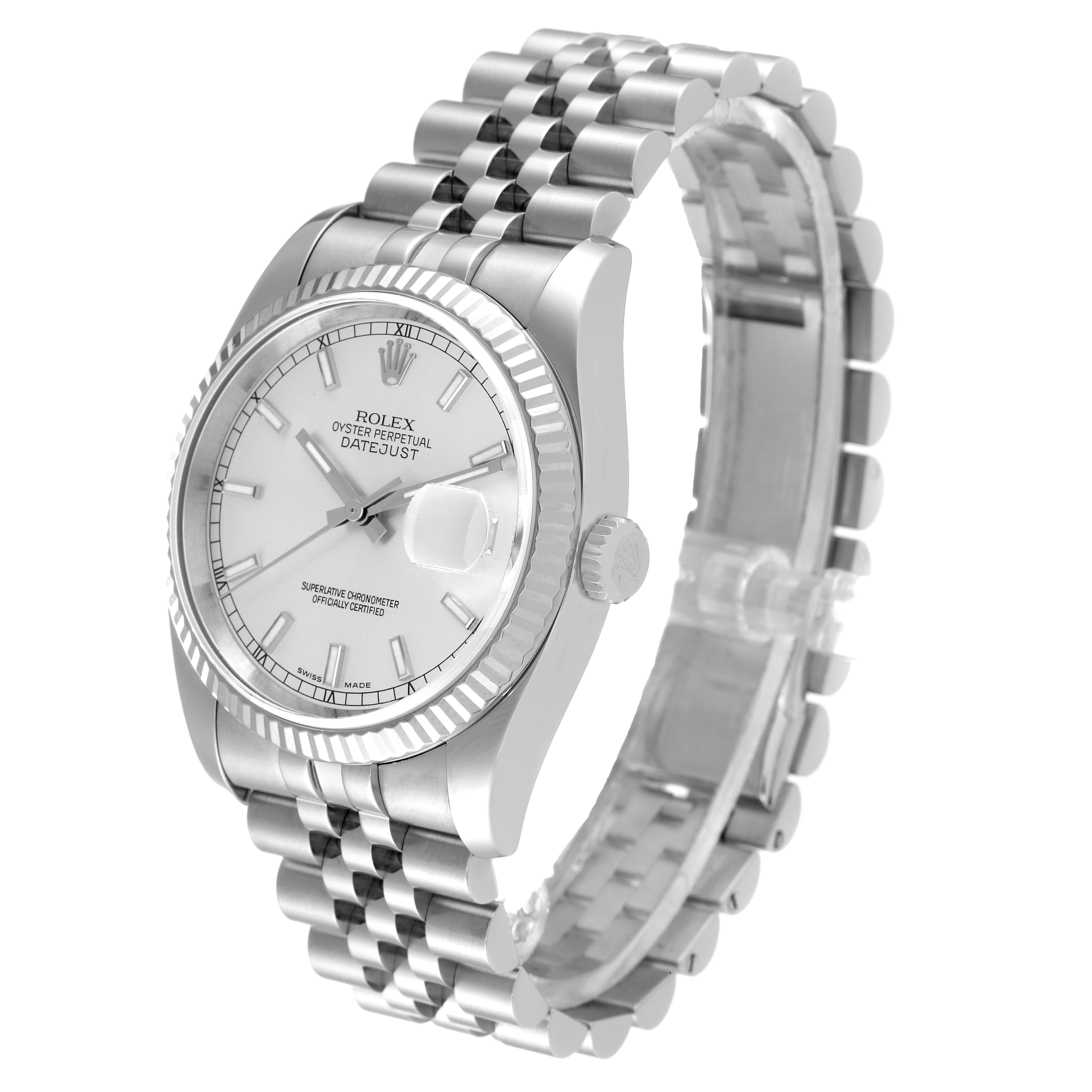 The image shows a Rolex Datejust 116234 Men's Stainless Steel Silver Dial 116234 Men's Stainless Steel Silver Dial watch at an angled view, highlighting its dial, crown, bezel, and bracelet.