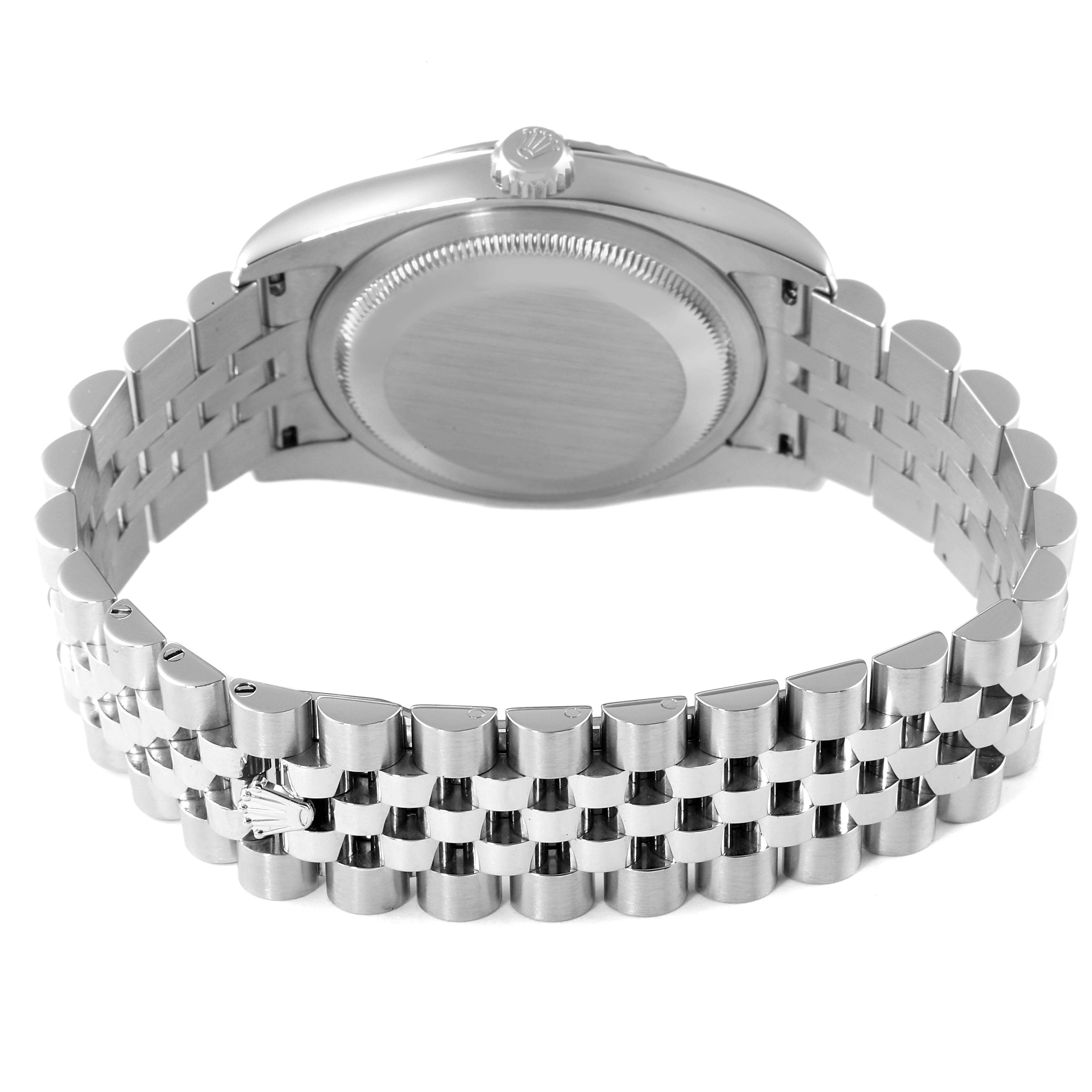 This image shows the backside and bracelet of a Rolex Datejust 116234 Men's Stainless Steel Silver Dial 116234 Men's Stainless Steel Silver Dial watch at an angle highlighting the caseback and jubilee bracelet.