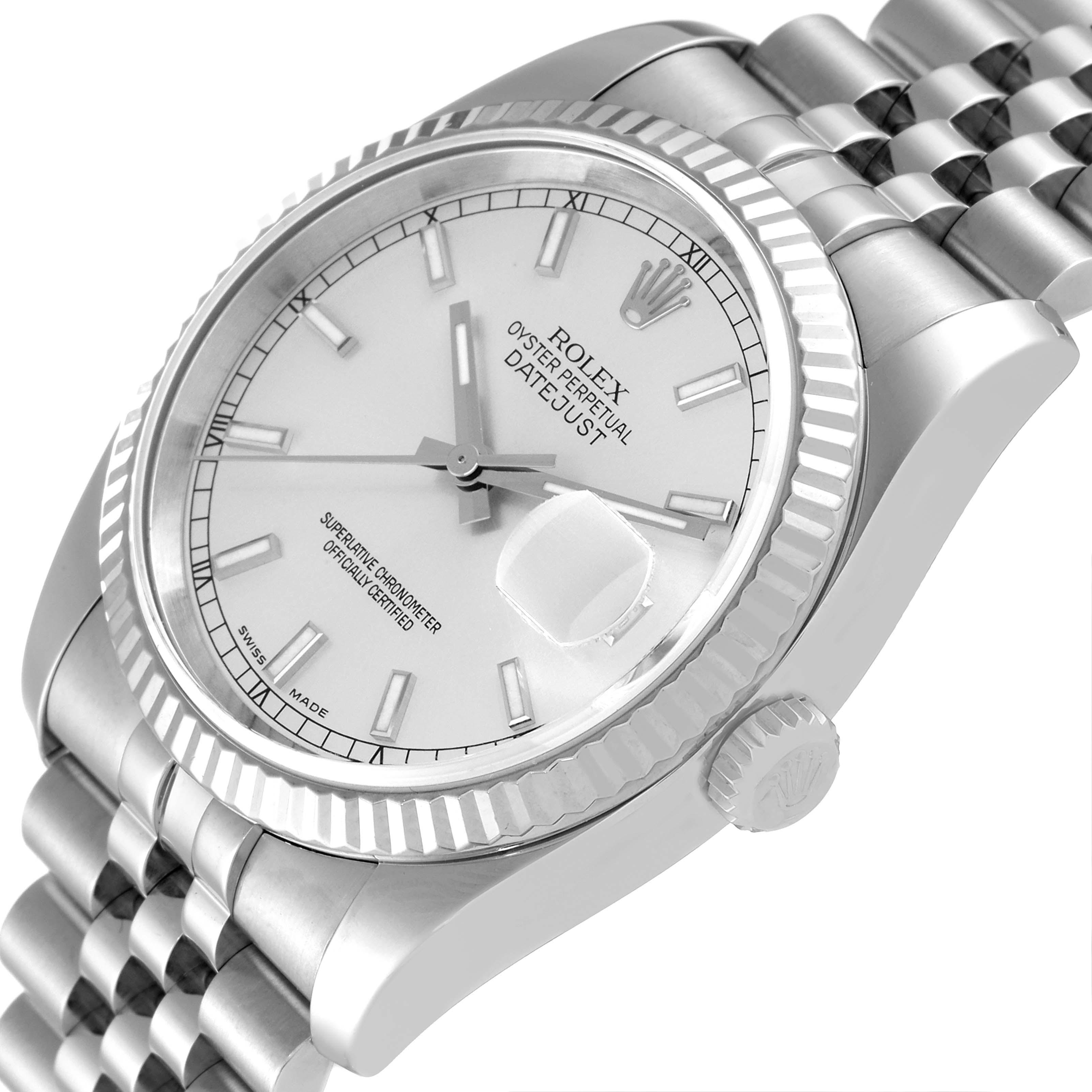 The image shows a side angle of the Rolex Datejust 116234 Men's Stainless Steel Silver Dial 116234 Men's Stainless Steel Silver Dial watch, highlighting its white dial, fluted bezel, and Jubilee bracelet.