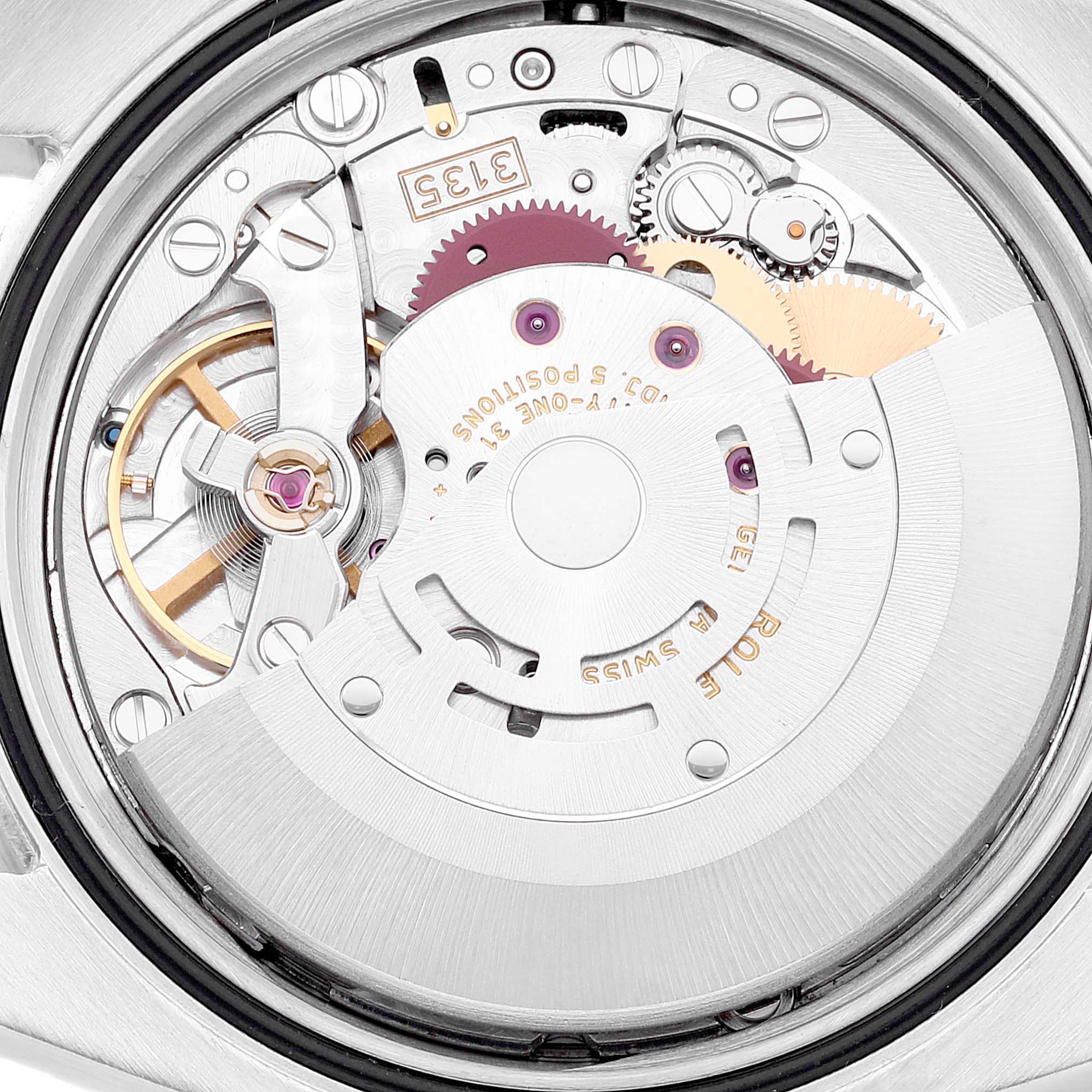 This image shows the inner mechanism of the Rolex Datejust 116234 Men's Stainless Steel Silver Dial 116234 Men's Stainless Steel Silver Dial watch, focusing on the movement components.