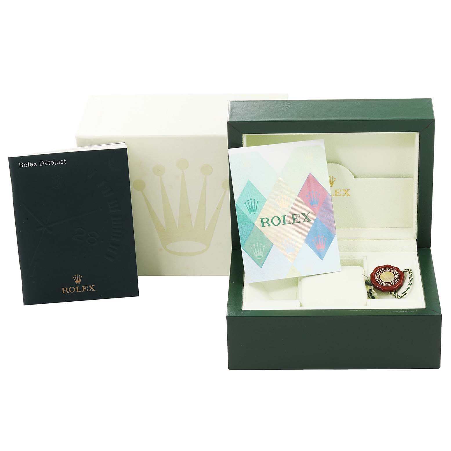 The image shows packaging, a booklet, and papers for a Rolex Datejust 116234 Men's Stainless Steel Silver Dial 116234 Men's Stainless Steel Silver Dial watch from a front angle.